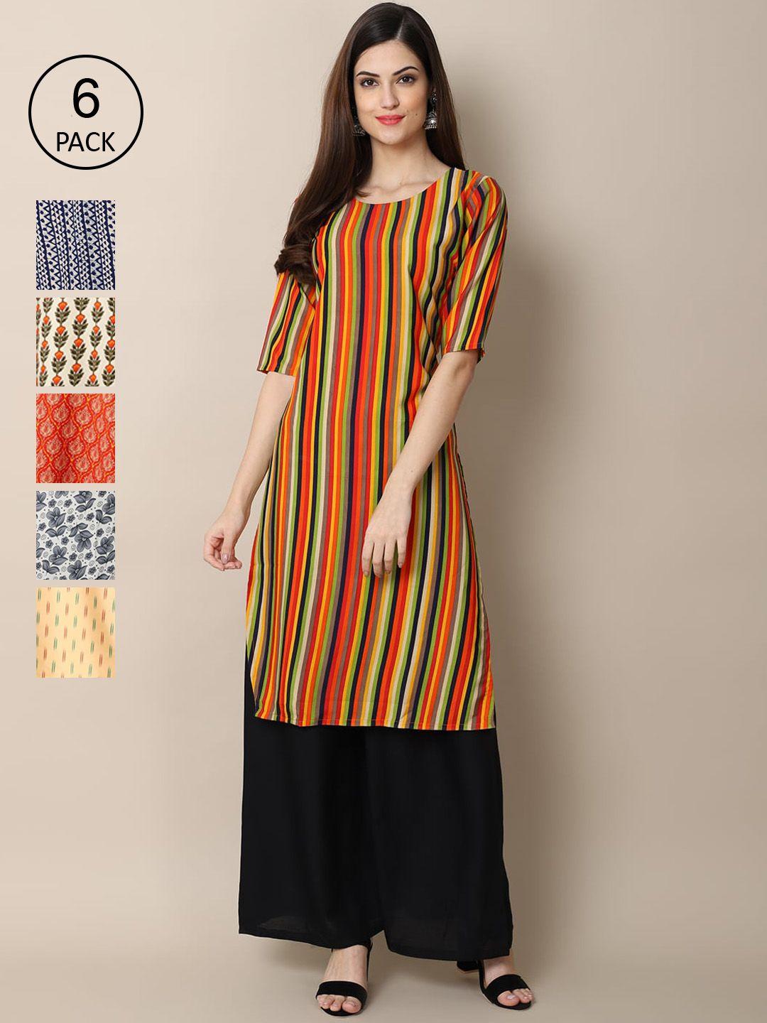 1 stop fashion women set of 6 multicoloured striped crepe kurta