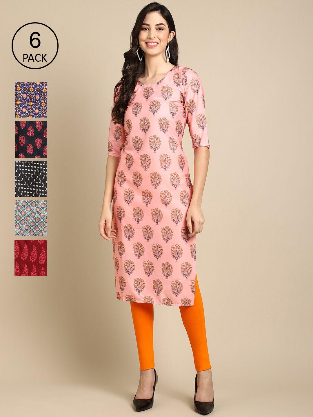 1 stop fashion women set of 6 pink & blue ethnic motifs printed crepe kurta
