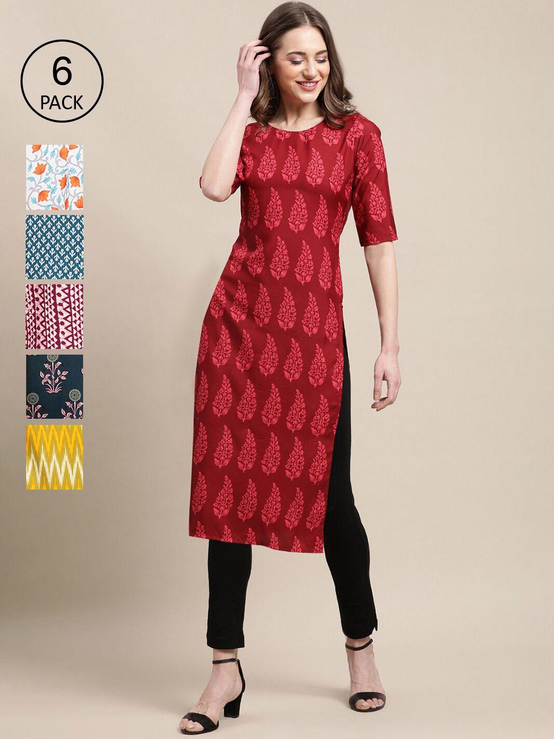 1 stop fashion women set of 6 red & yellow ethnic motifs printed crepe kurta