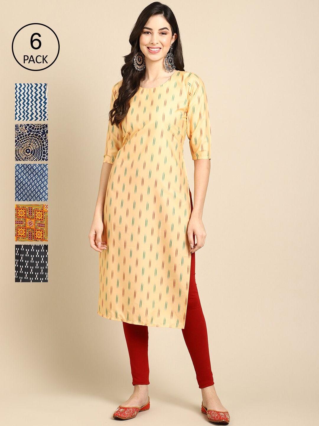 1 stop fashion women yellow & blue ethnic motifs printed block print crepe kurta