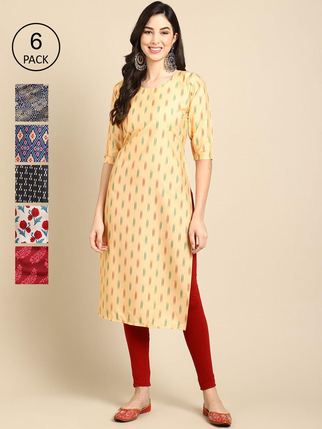 1 stop fashion women yellow and red geometric summer sheers crepe kurta  [pack of 6]