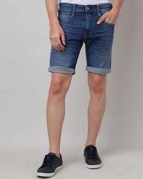 10.5 oz mid-wash denim shorts