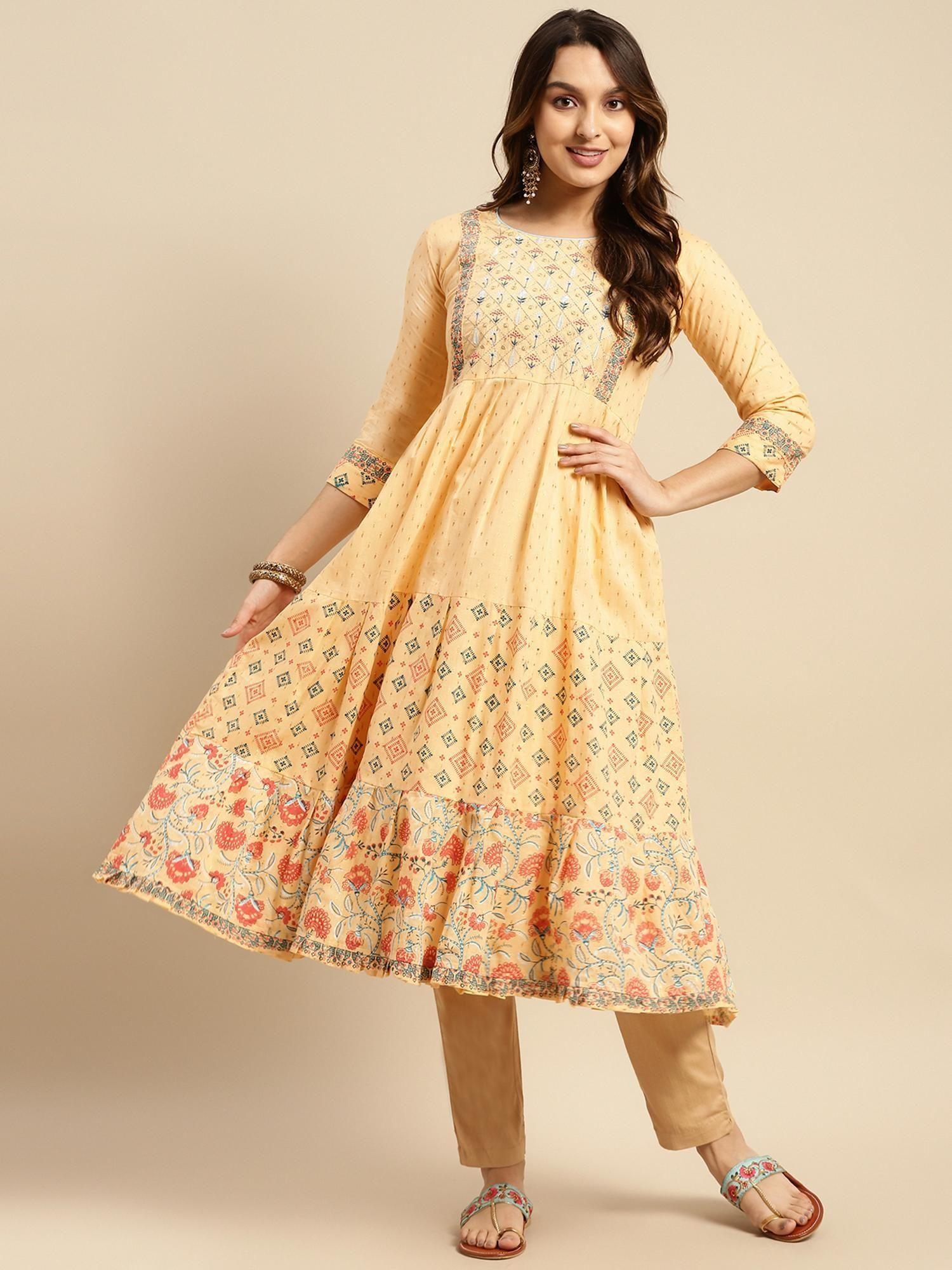 100% cotton beige yoke embroidered calf length anarkali kurta