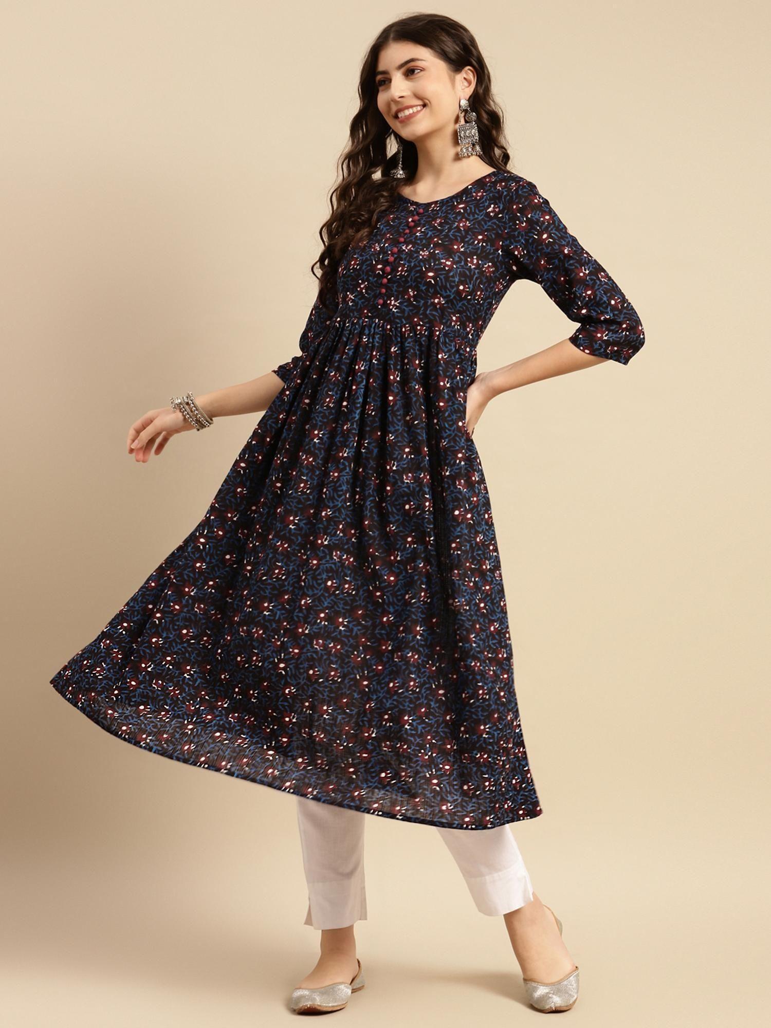 100% cotton black printed calf length kurta gathered at waist