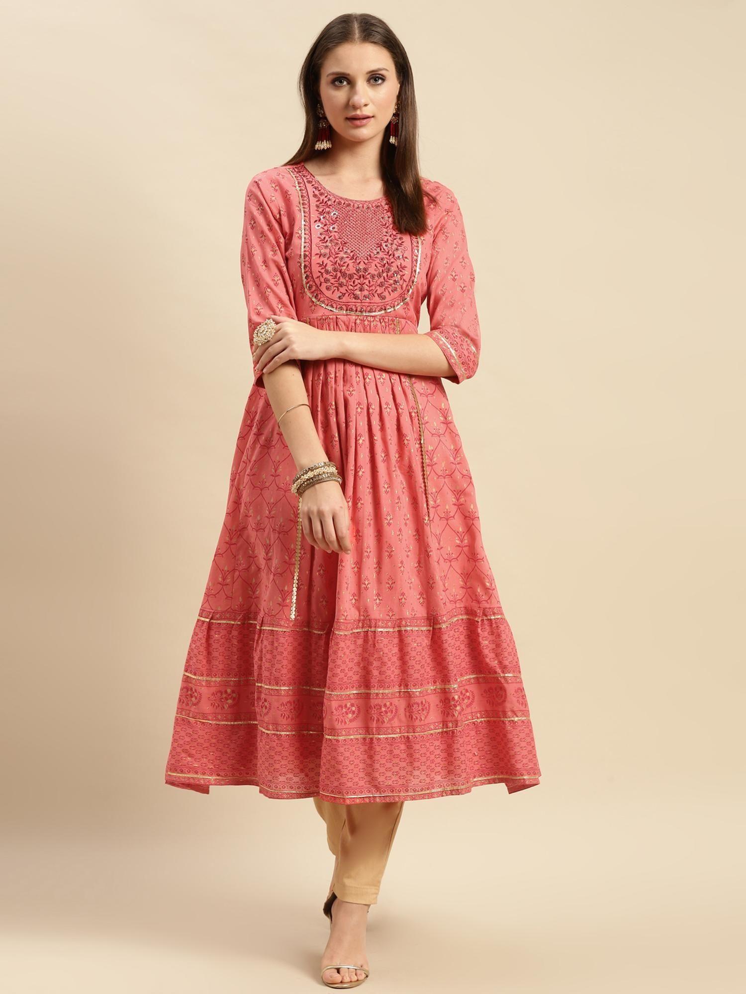 100% cotton coral yoke embroidered self textured calf length anarkali