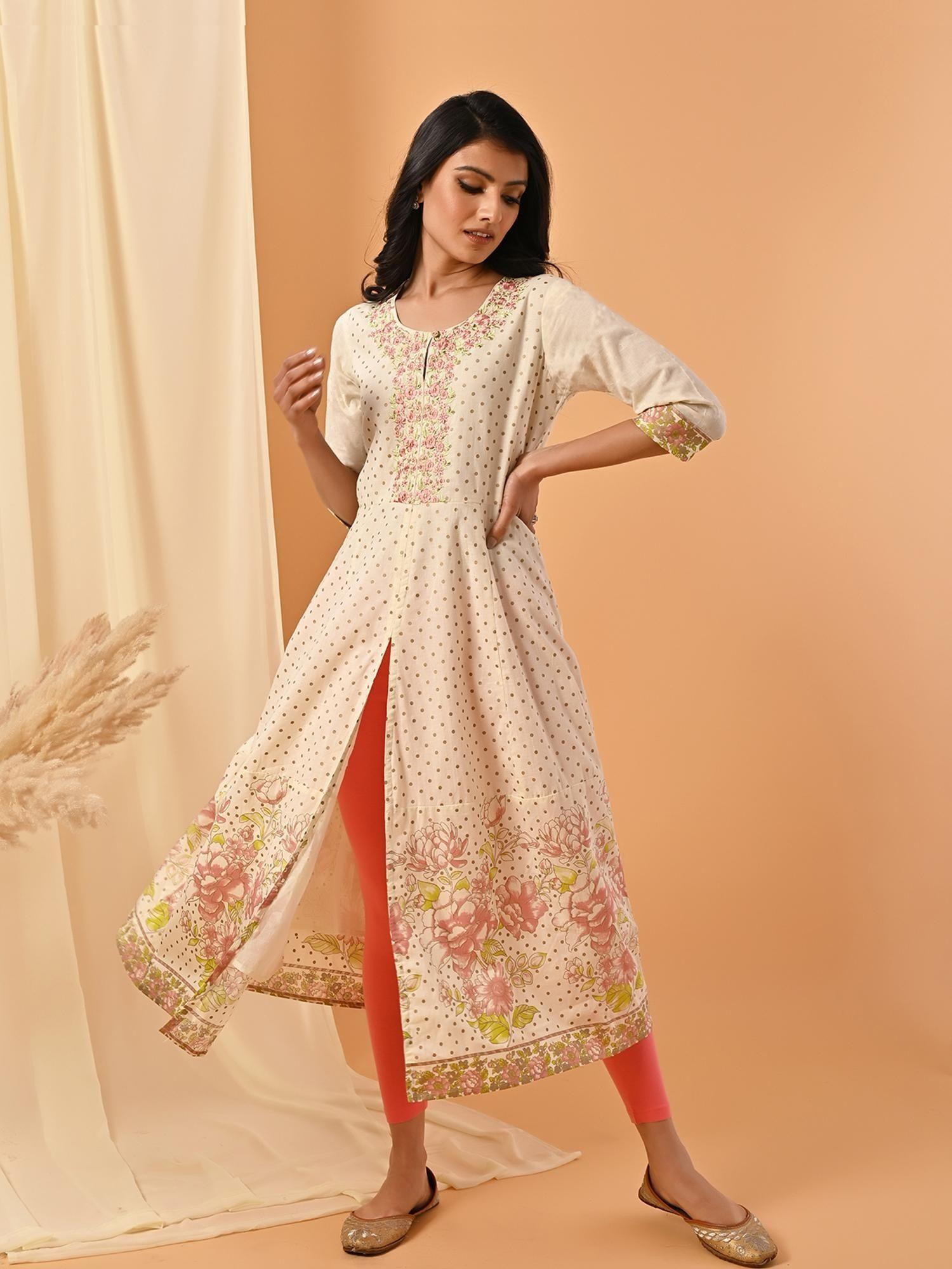 100% cotton cream yoke embroidered calf length partywear kurta with front slit