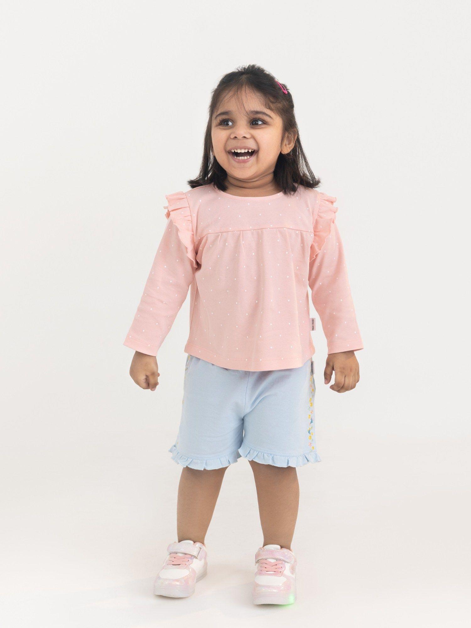 100% cotton full sleeve girl top & shorts pink-blue (pack of 2)