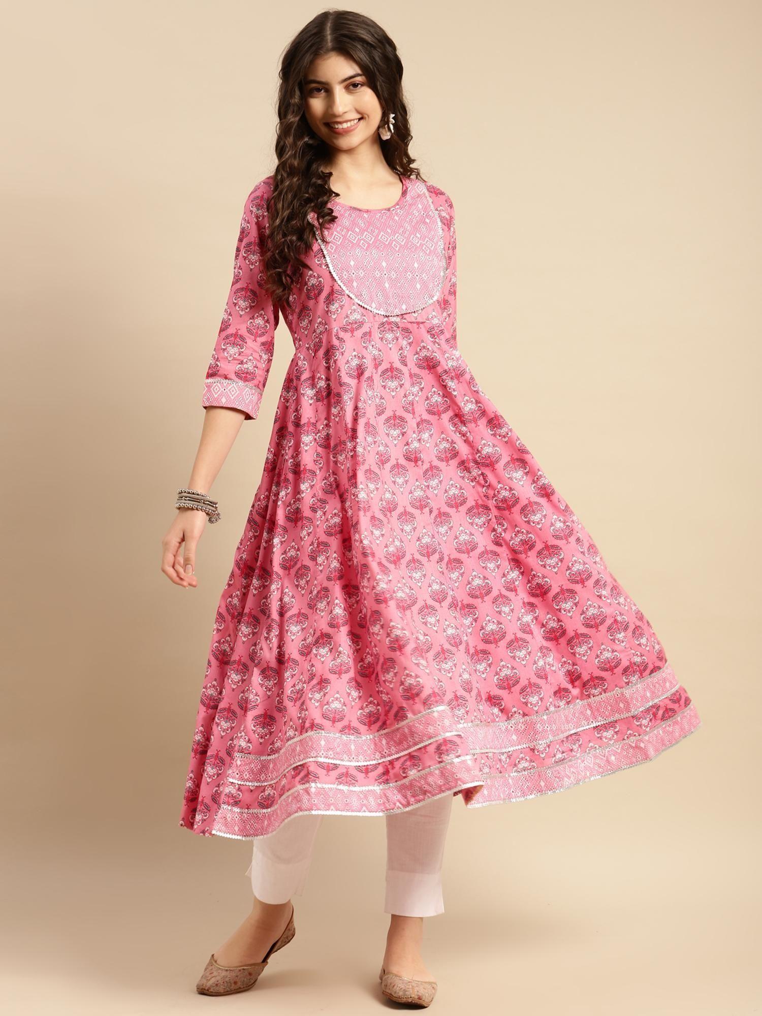 100% cotton pink ethnic print calf length anarkali kurta