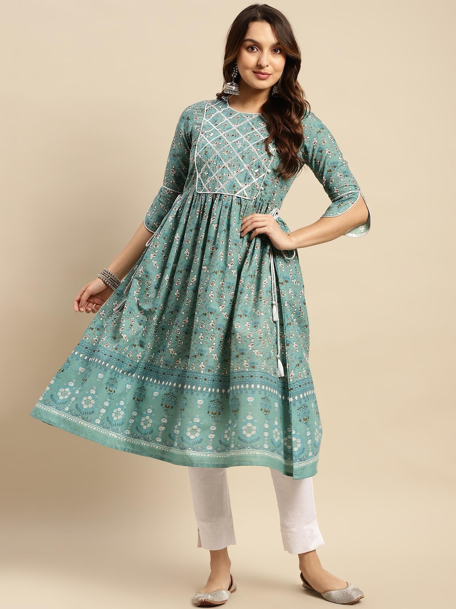 100% cotton teal gota lace at yoke calf length kurta gathered at waist