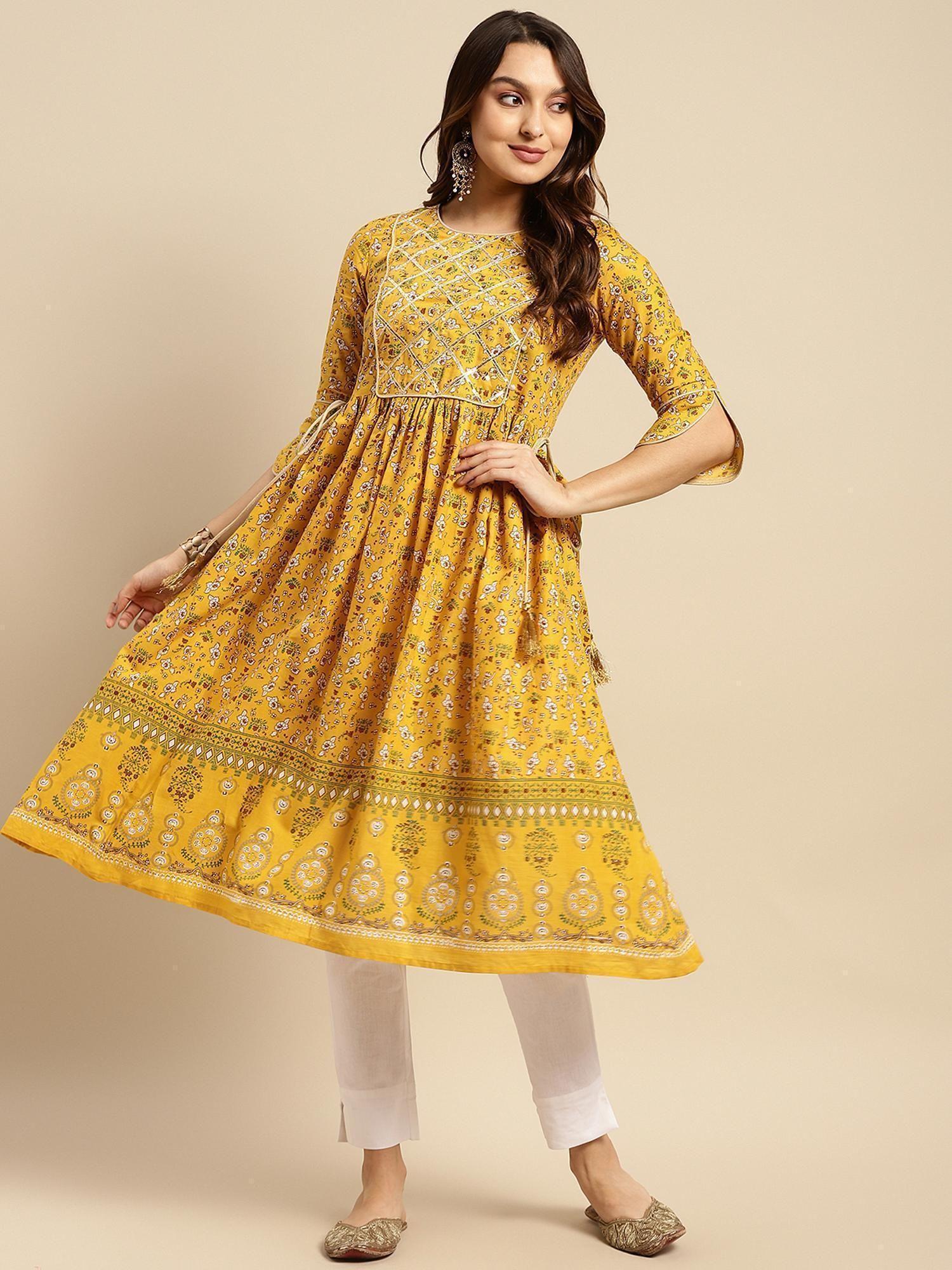 100% cotton yellow gota lace at yoke calf length kurta gathered at waist