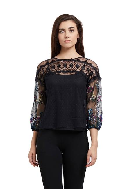 109 f black 3/4th sleeves embroidered top