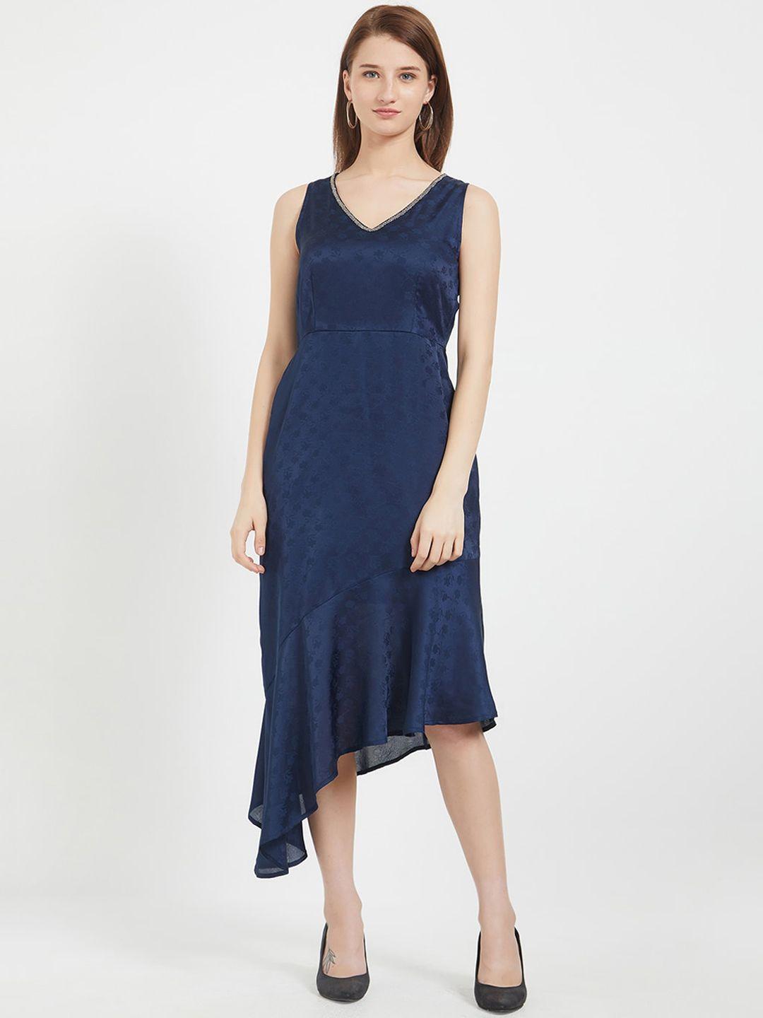109f women navy blue self design fit and flare dress