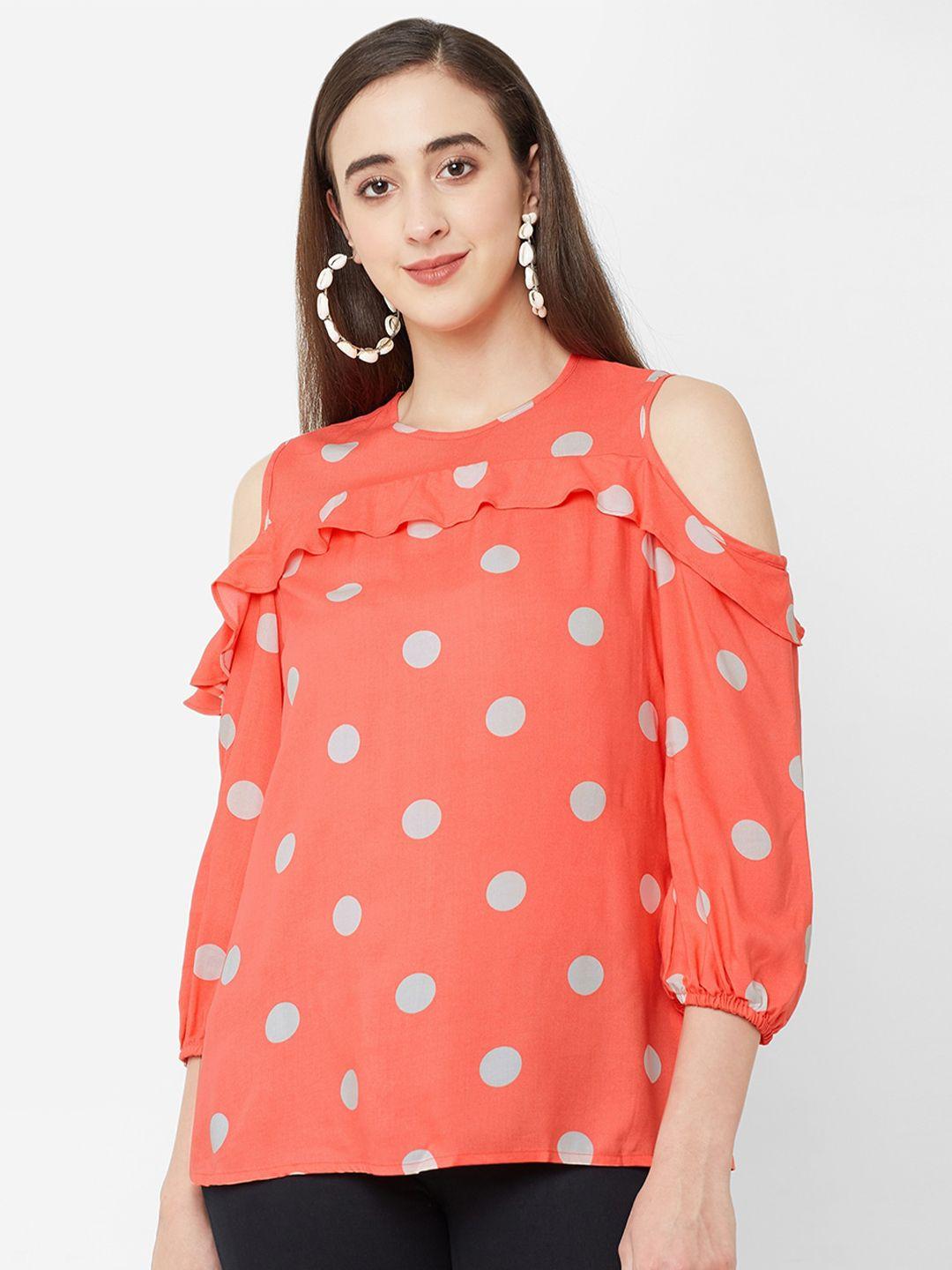 109f coral & white polka dots print cold-shoulder sleeves a-line top