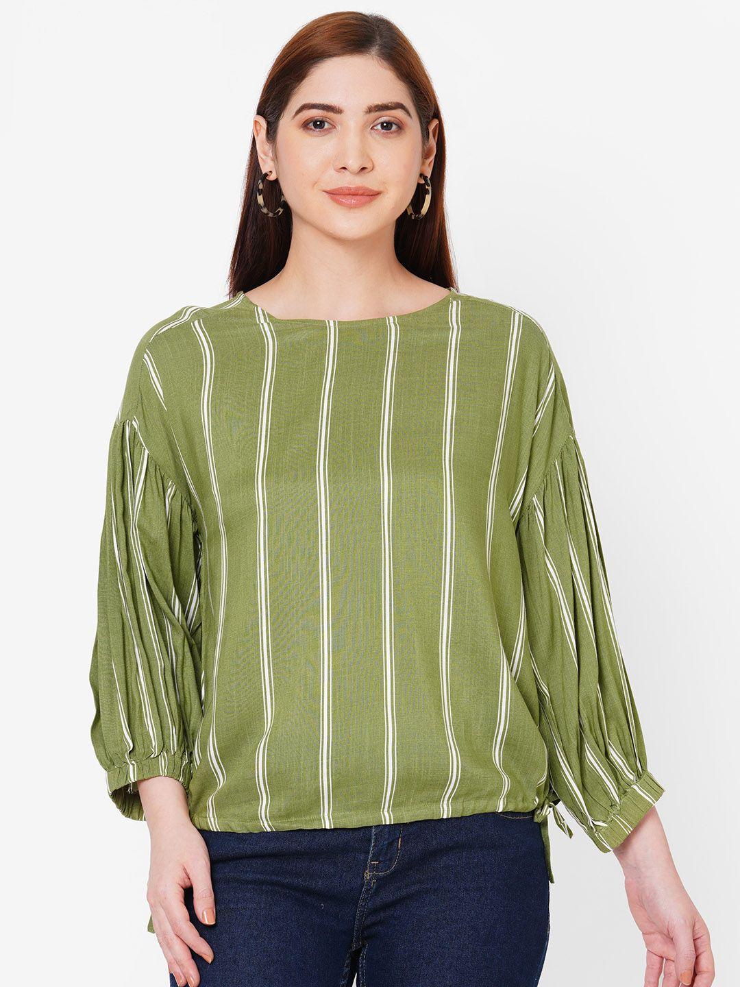 109f olive green vertical striped drop-shoulder sleeves top