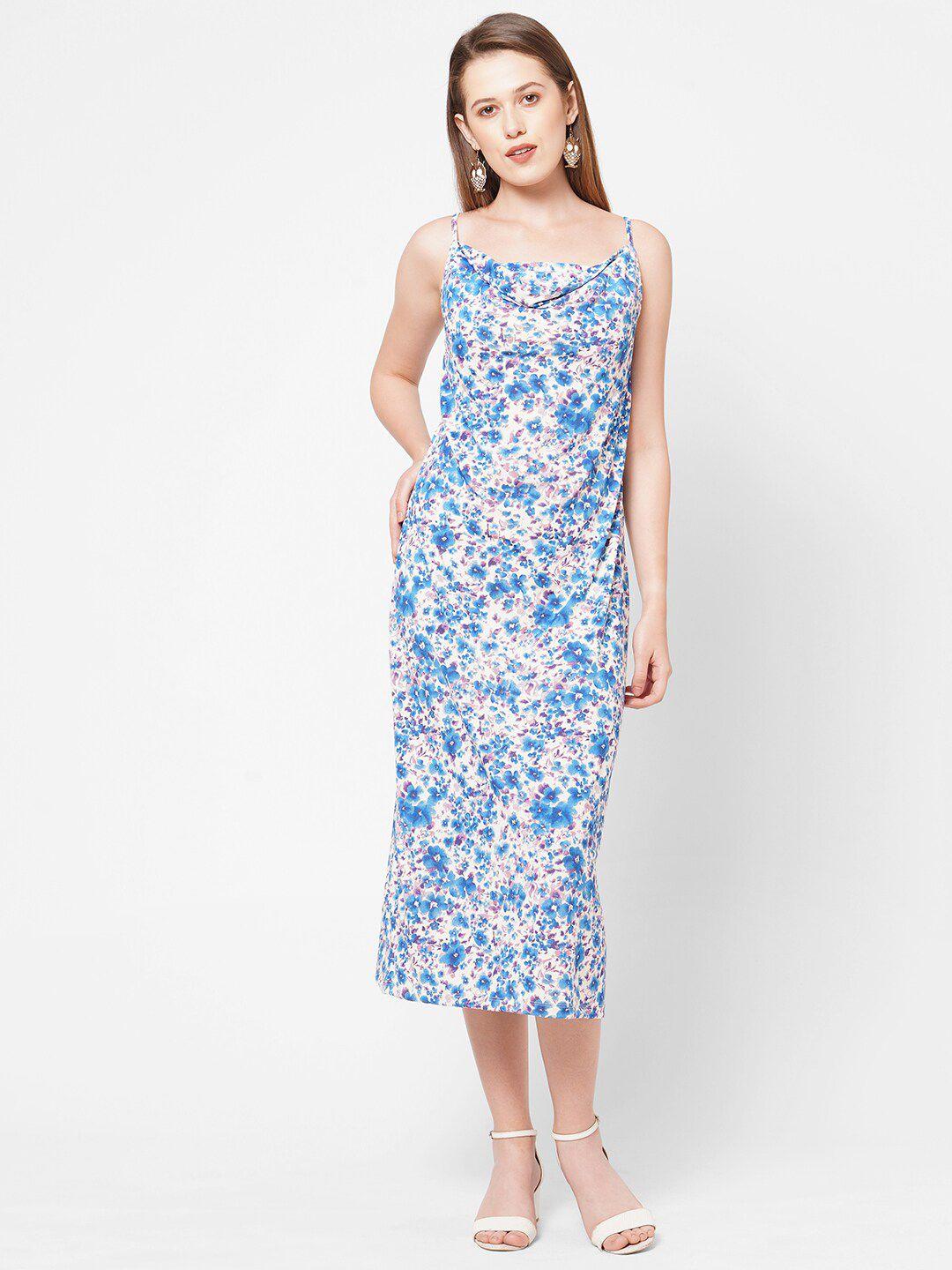 109f white & blue floral cowl neck midi dress