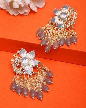 12542er floral-design pearl-beaded dangler earrings