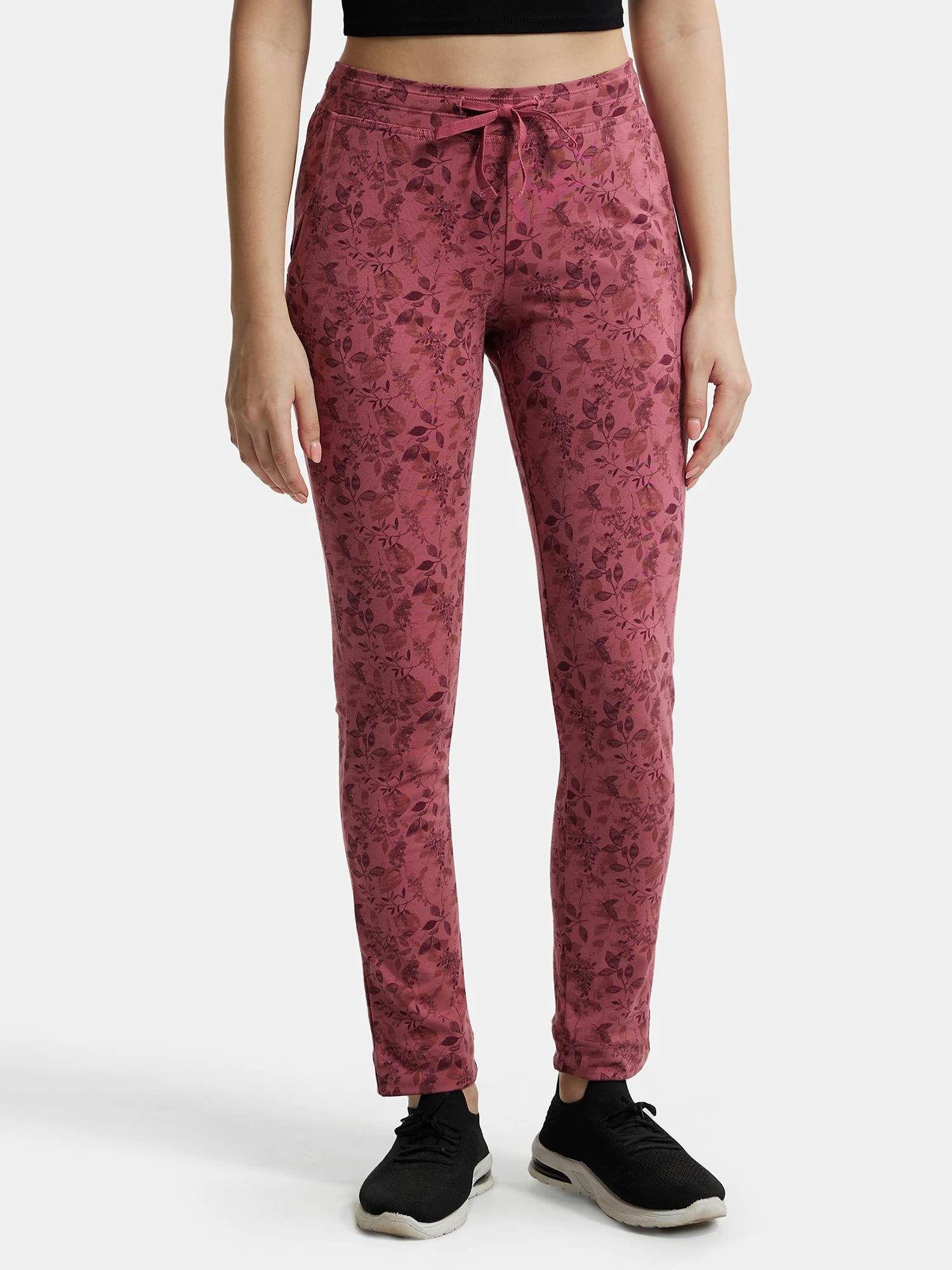 1301 women's super combed cotton elastane slim fit trackpants - rosewine print