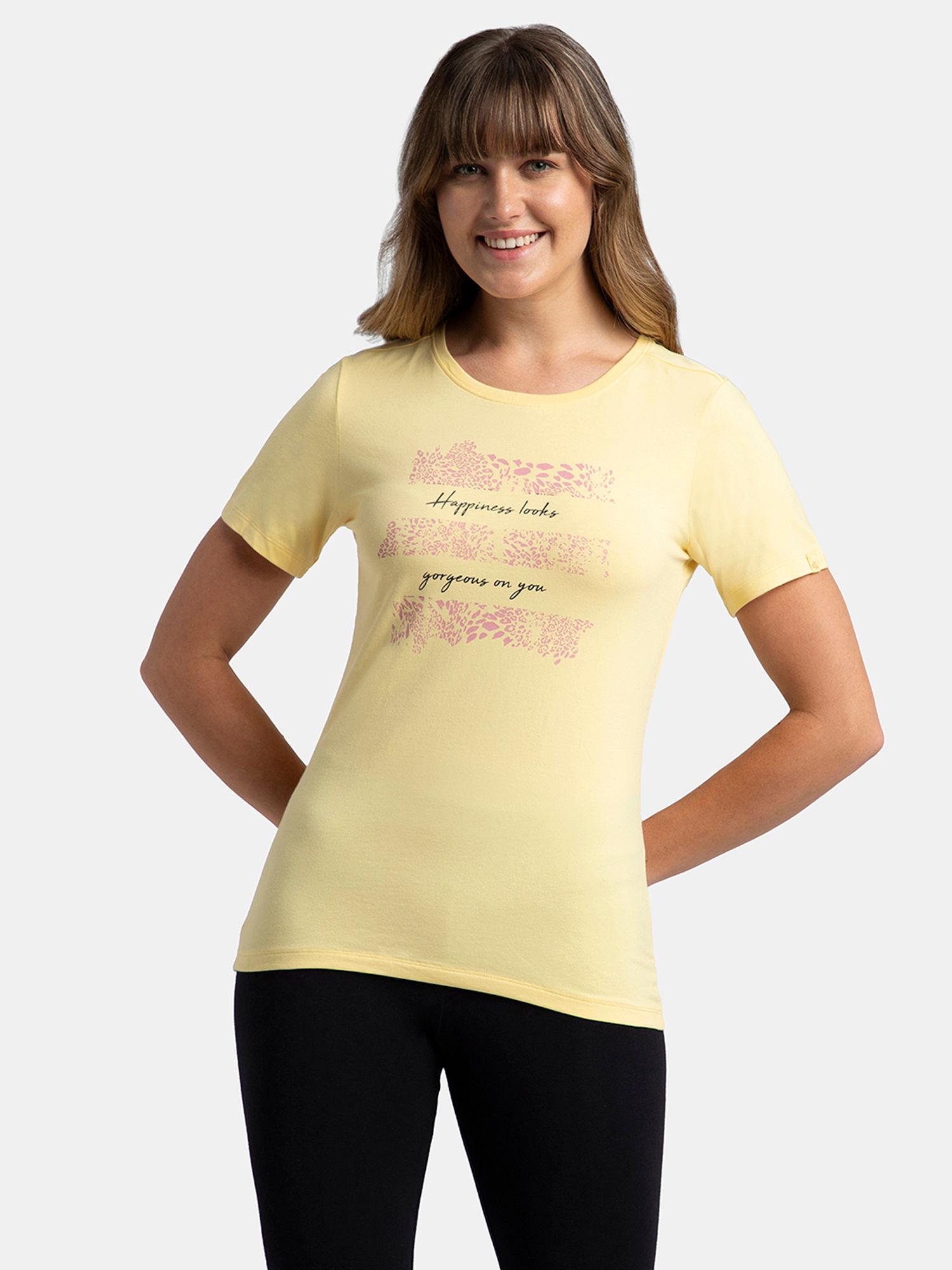 1361 women's cotton elastane graphic printed t-shirt yellow