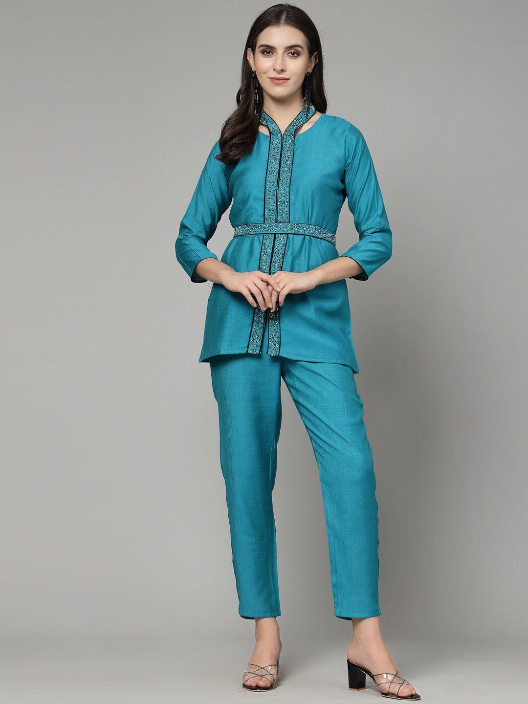 18 attitude embellished v-neck pure cotton tunic with trousers