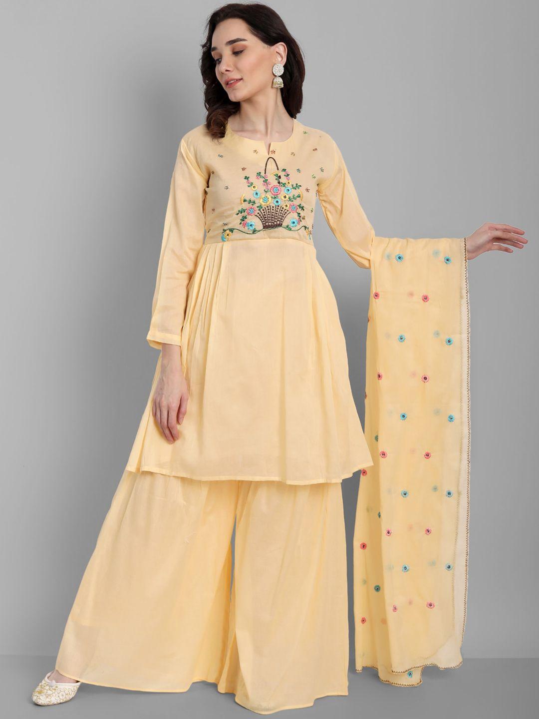 18 attitude floral embroidered pleated pure cotton a-line kurti & sharara with dupatta