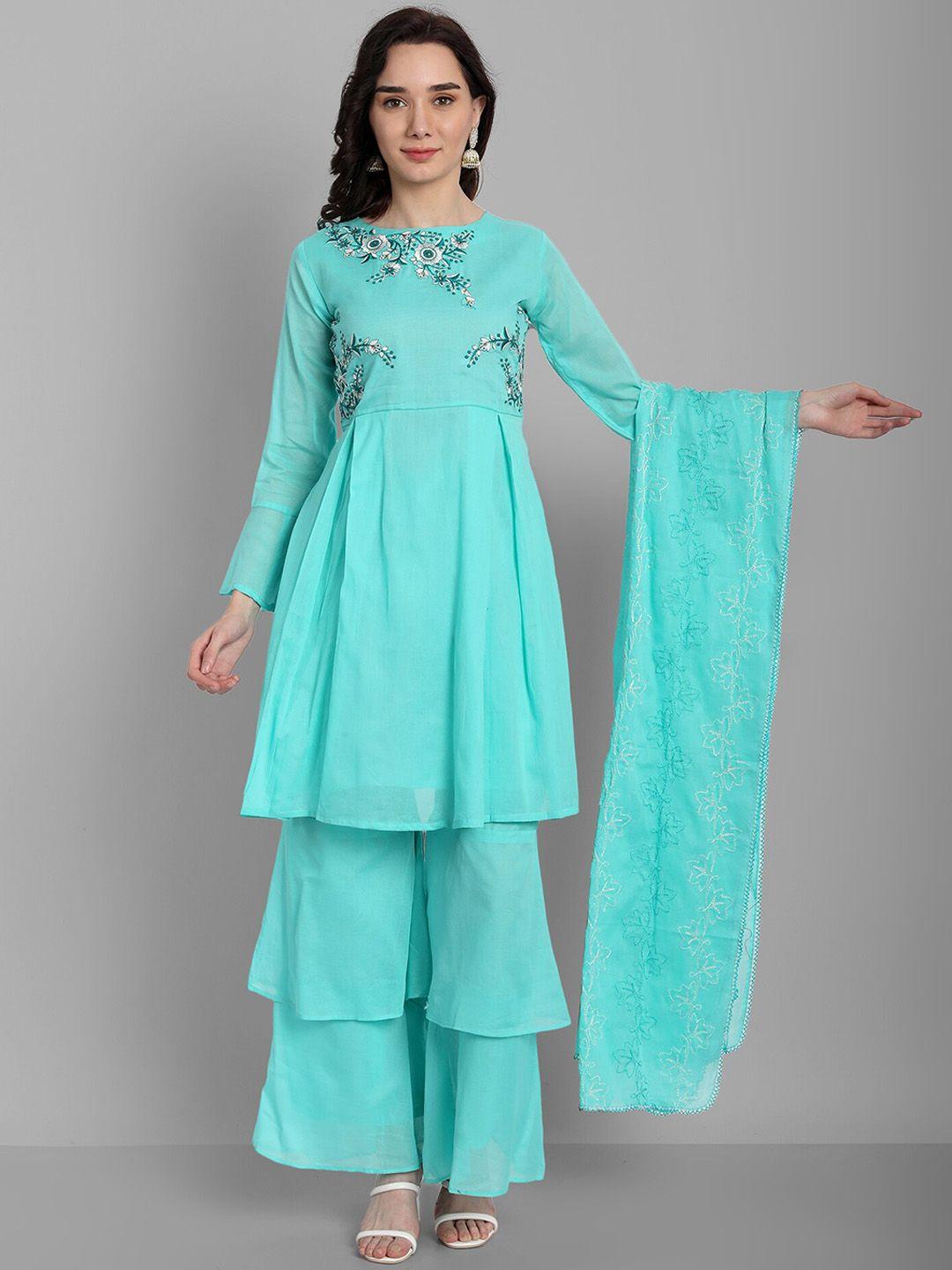 18 attitude floral embroidered pleated pure cotton a-line kurti & sharara with dupatta