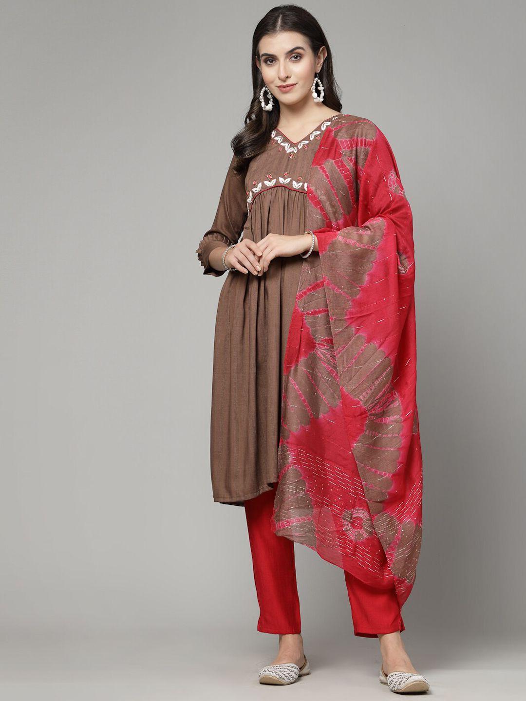 18 attitude floral embroidered thread work a-line kurta with trousers & dupatta