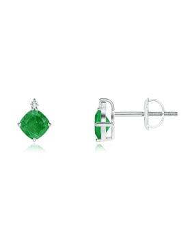 18 kt white gold sideways cushion emerald studs with diamond accent