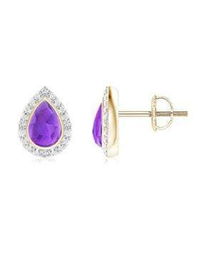 18 kt yellow gold bezel-set pear-shaped amethyst studs with beaded halo