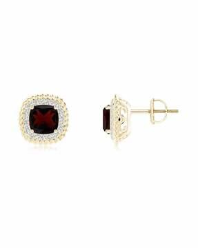 18 kt yellow gold twisted wire cushion garnet studs with diamonds