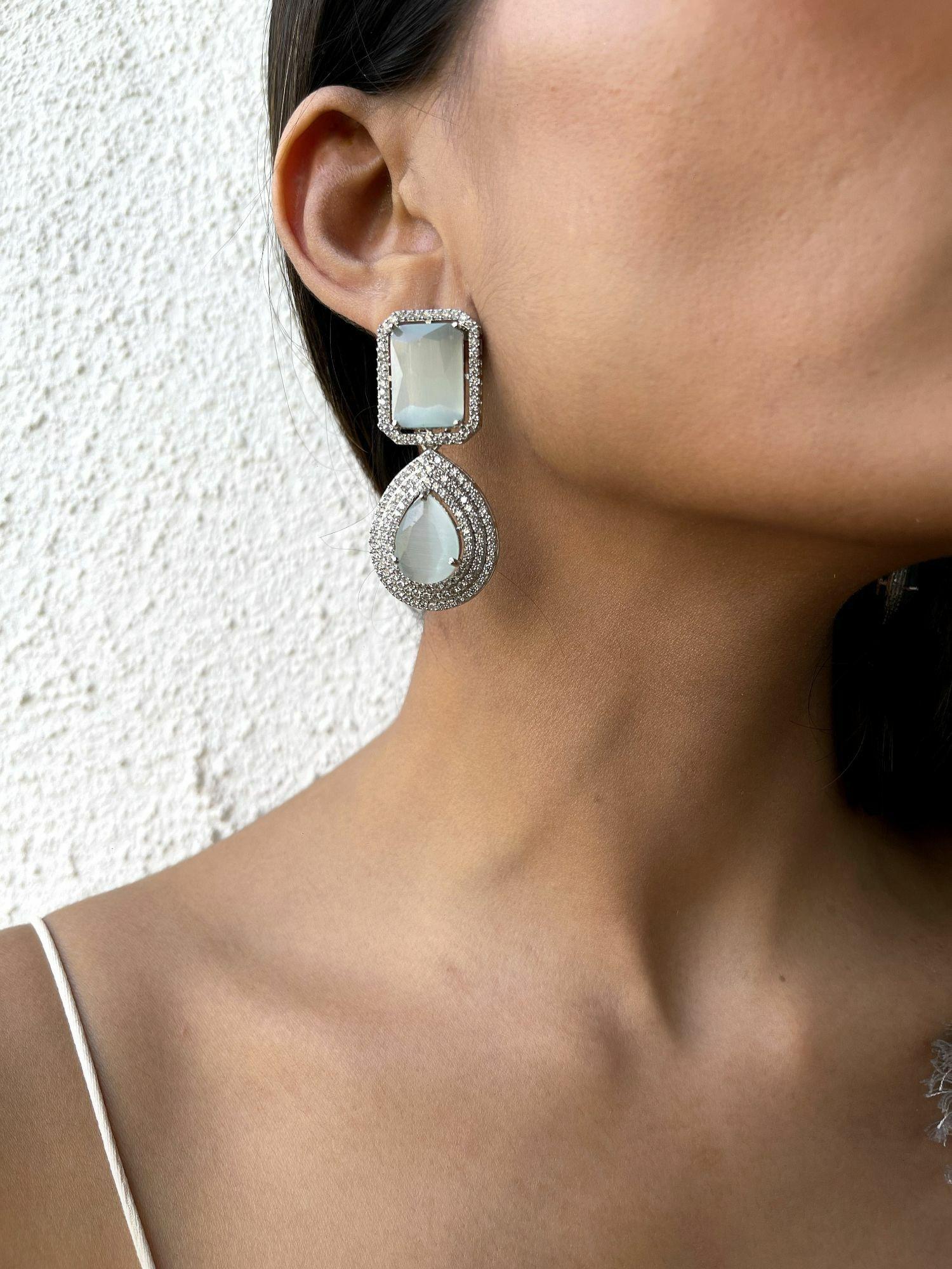 18k white gold plated semi precious aquata earrings