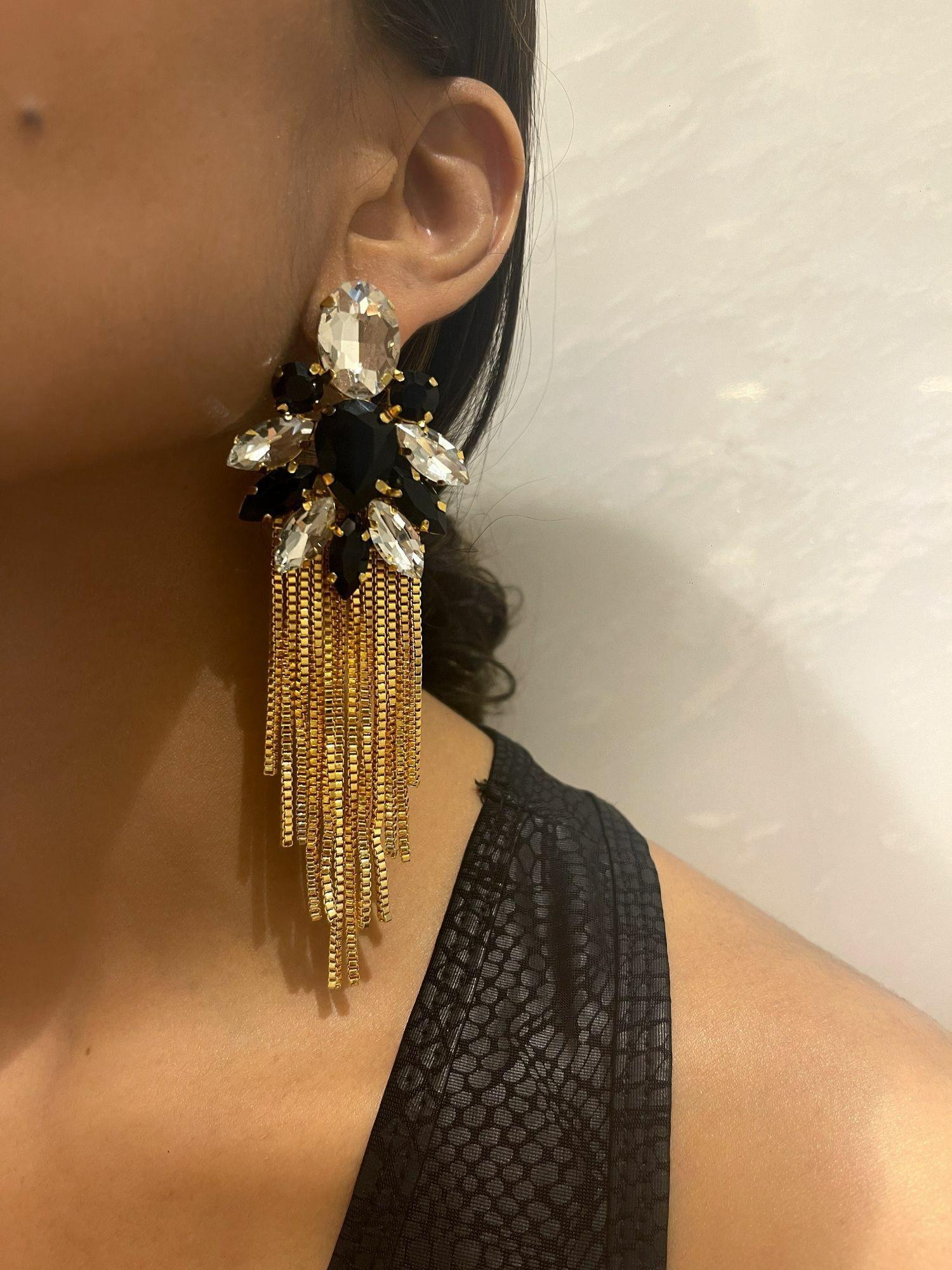 18k yellow gold plated black & white crystal valencia tassel earrings