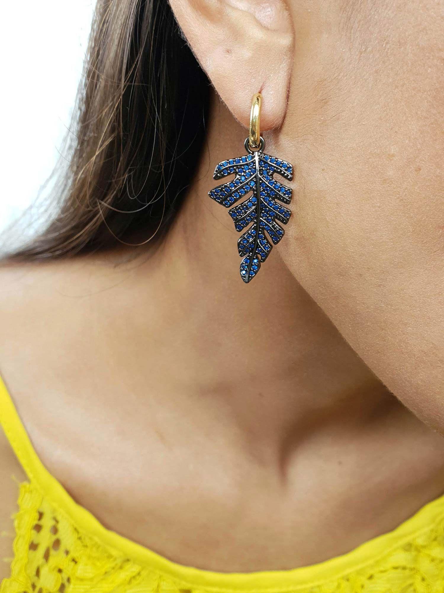 18k yellow gold plated blue crystal leila leaf earrings