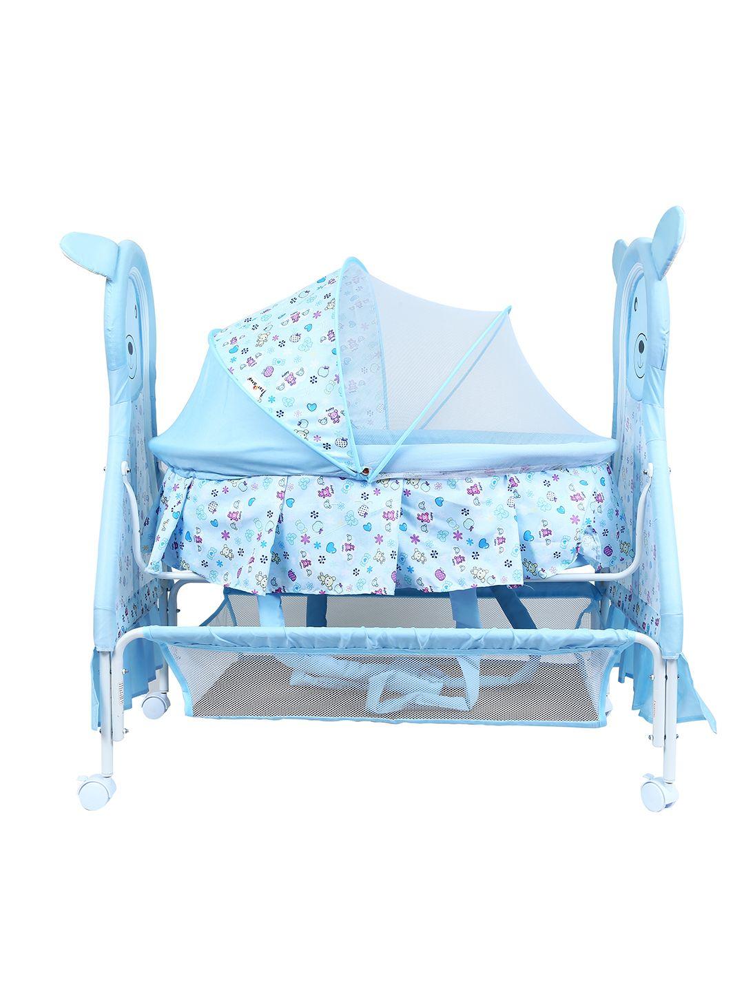 1st step infants blue printed bassinet with swing and mosquito net