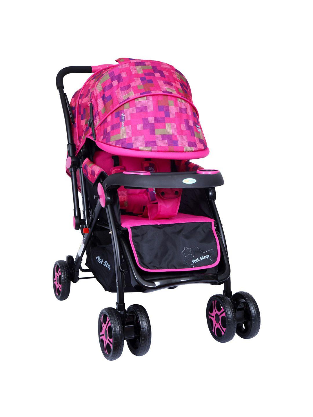 1st step infants pink & black solid reversible baby stroller with 5 point safety harness