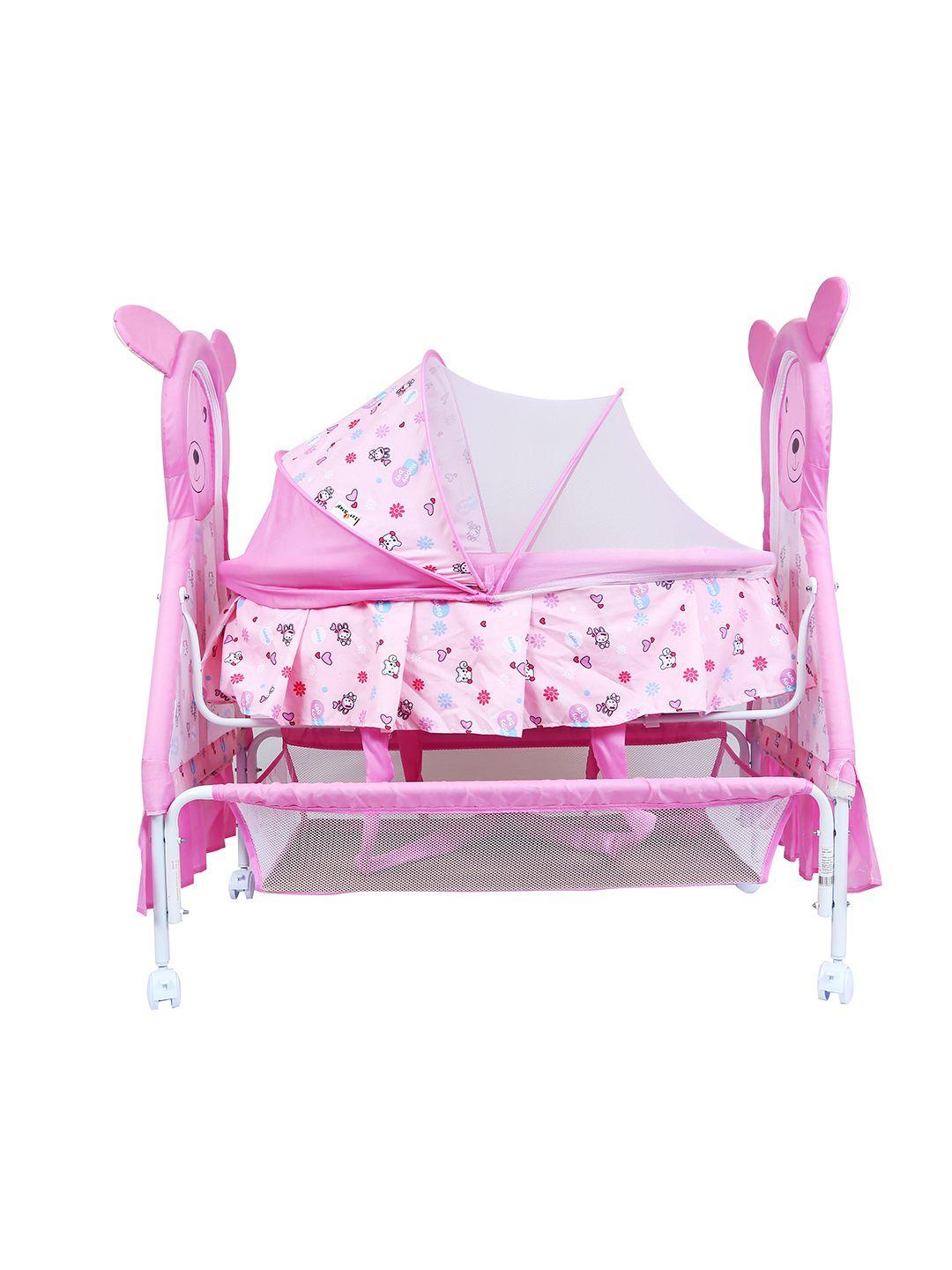 1st step infants pink printed bassinet with swing and mosquito net