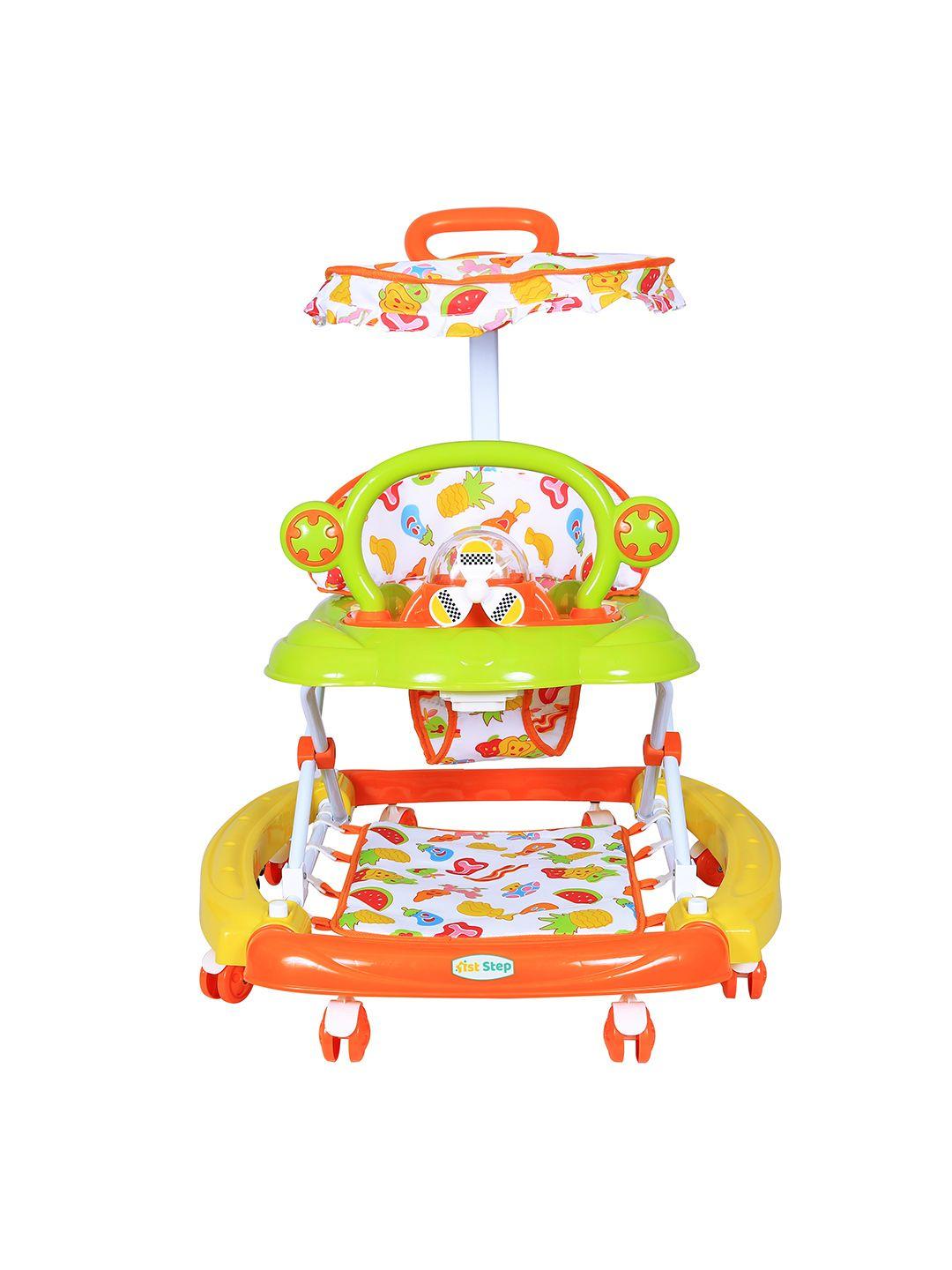 1st step kids orange & green walker cum rocker with canopy