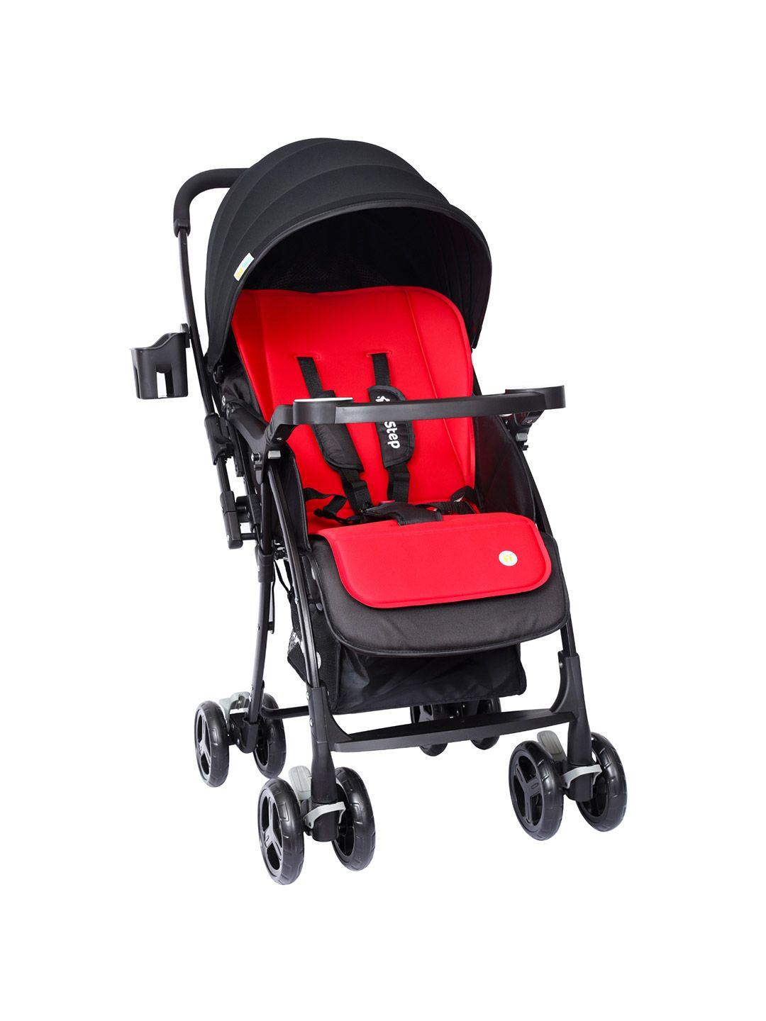 1st step kids red & black baby stroller with 5 point safety harness & reversible handlebar