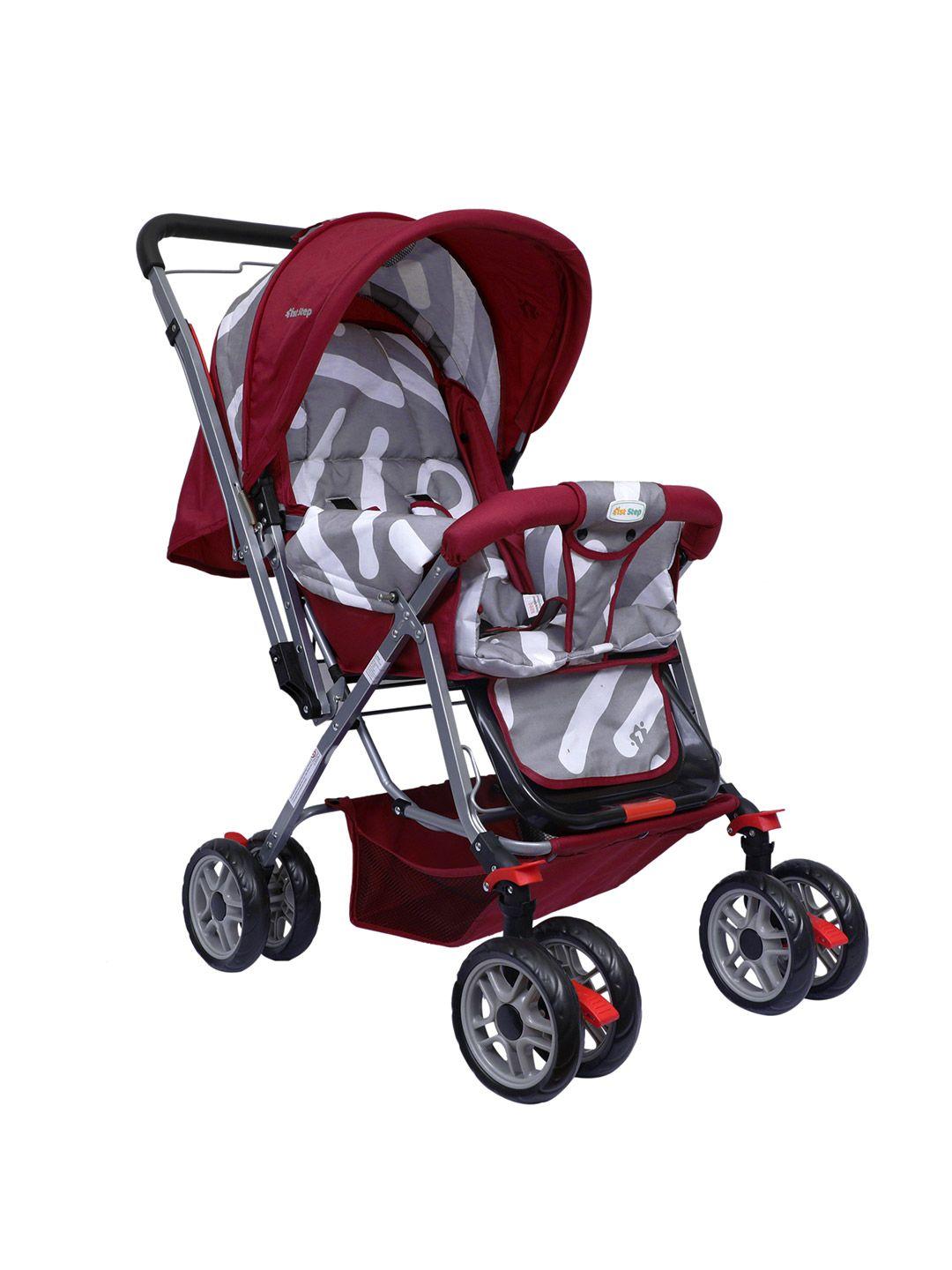 1st step kids red & grey baby stroller with 5 point safety harness & reversible handlebar