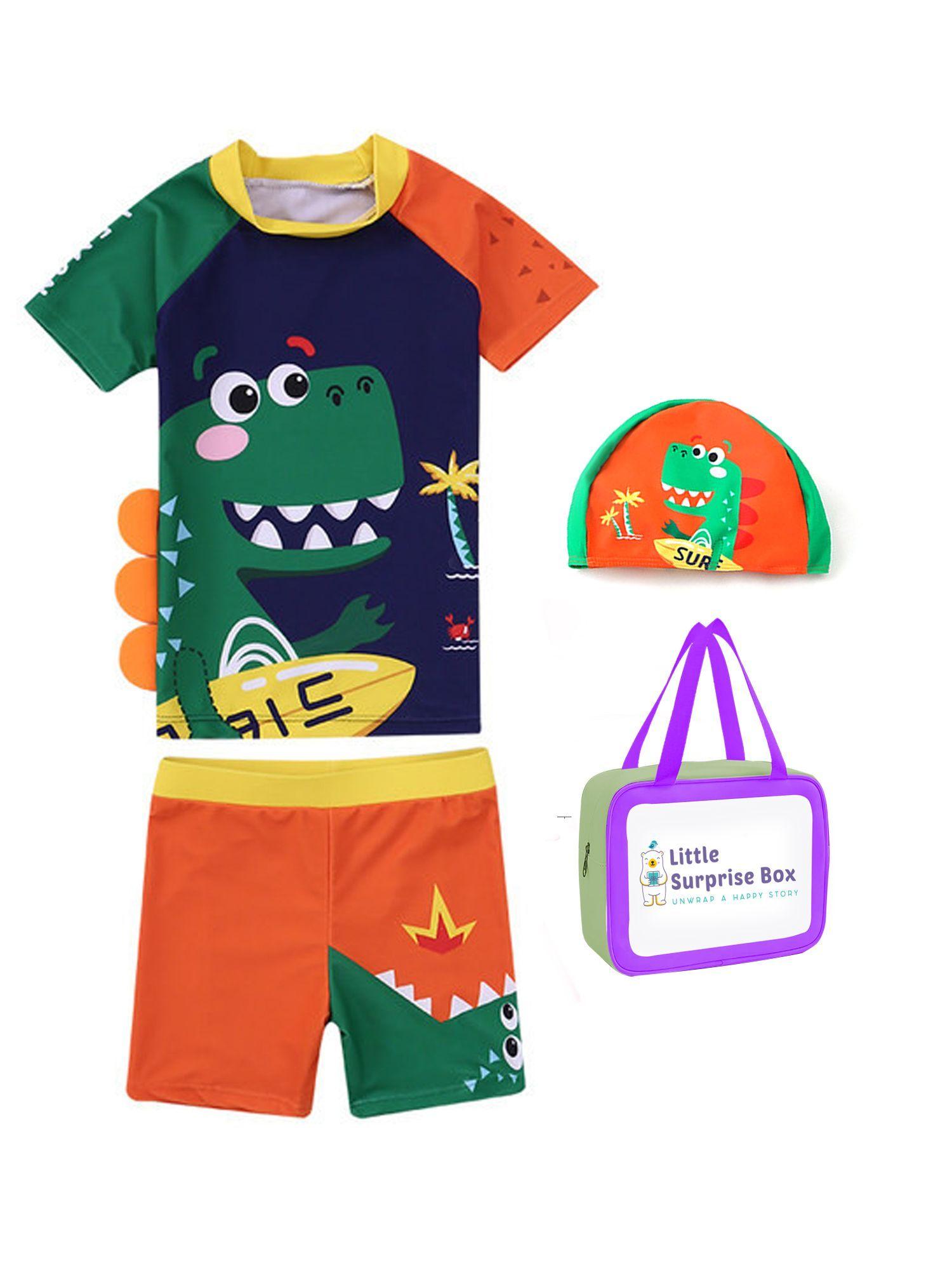 2 pcs shirt & shorts set 3d orange dinosaur swimwear+ swimcap for toddlers,kids with upf 50+