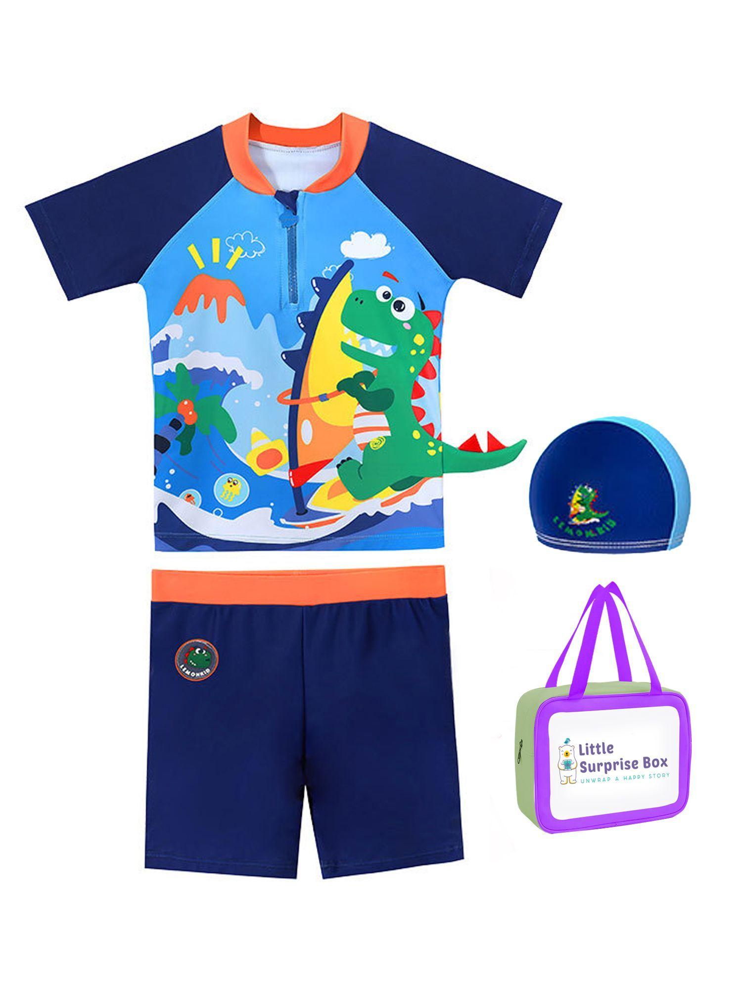 2 pcs shirt & shorts set blue 3d dino surfer kids swimwear+ swim cap with upf 50+