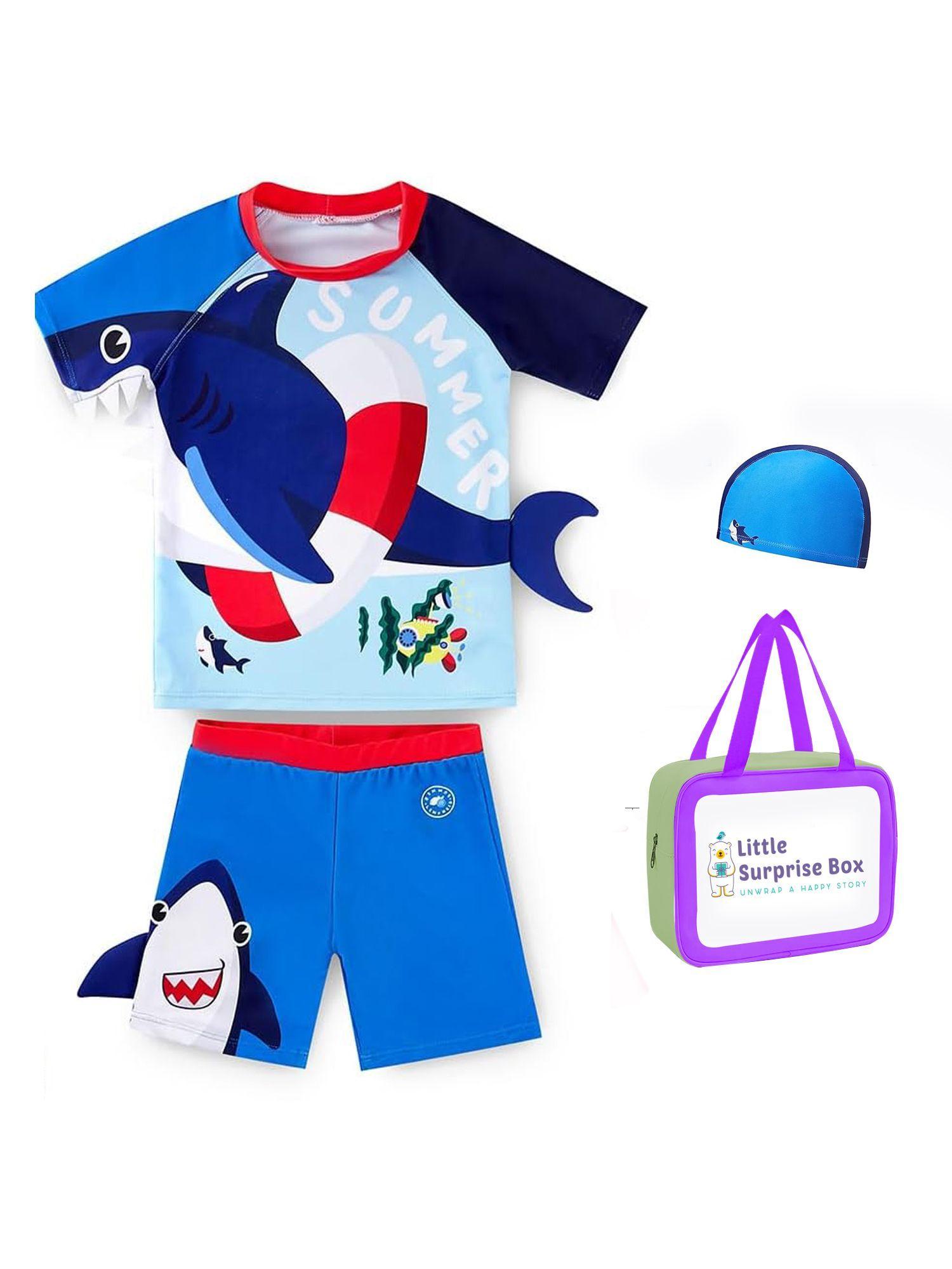 2 pcs shirt & shorts set red & blue 3d whale kids swimwear+ swim cap with upf 50+