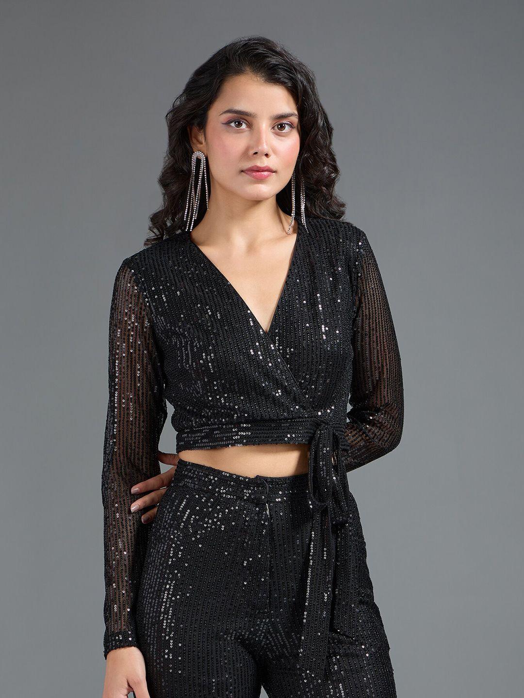 20dresses black embellished v-neck sequinned wrap crop top