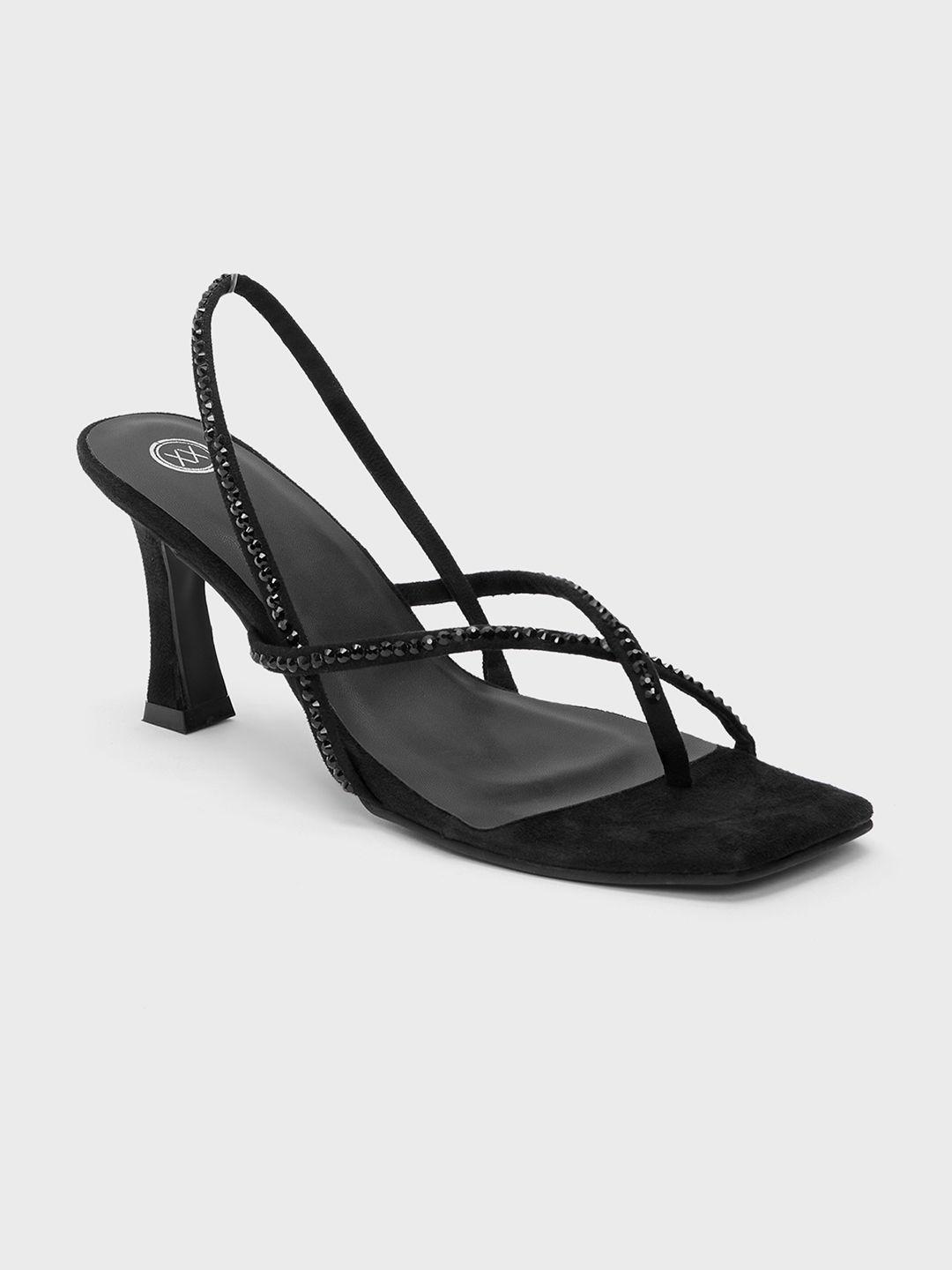 20dresses black rhinestone embellished suede slim heels