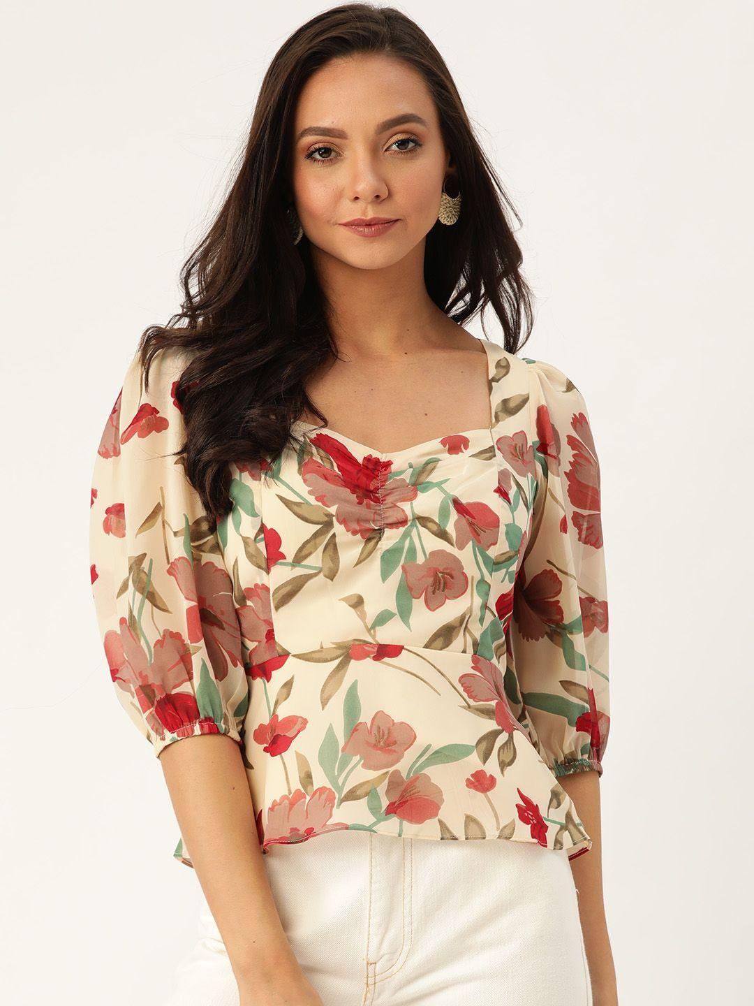 20dresses cream-coloured & maroon floral semi-sheer a-line top