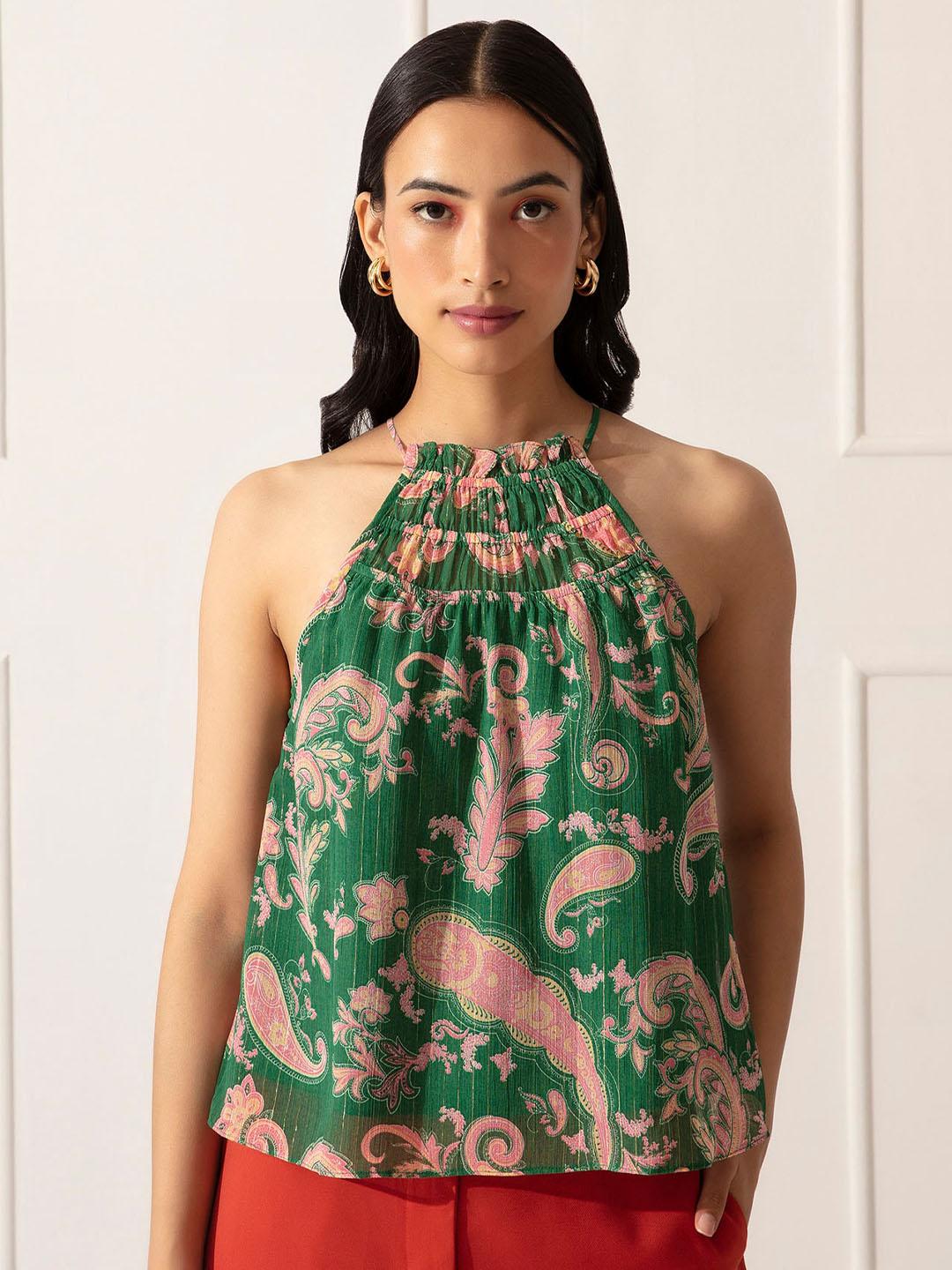 20dresses green & pink print halter neck chiffon top