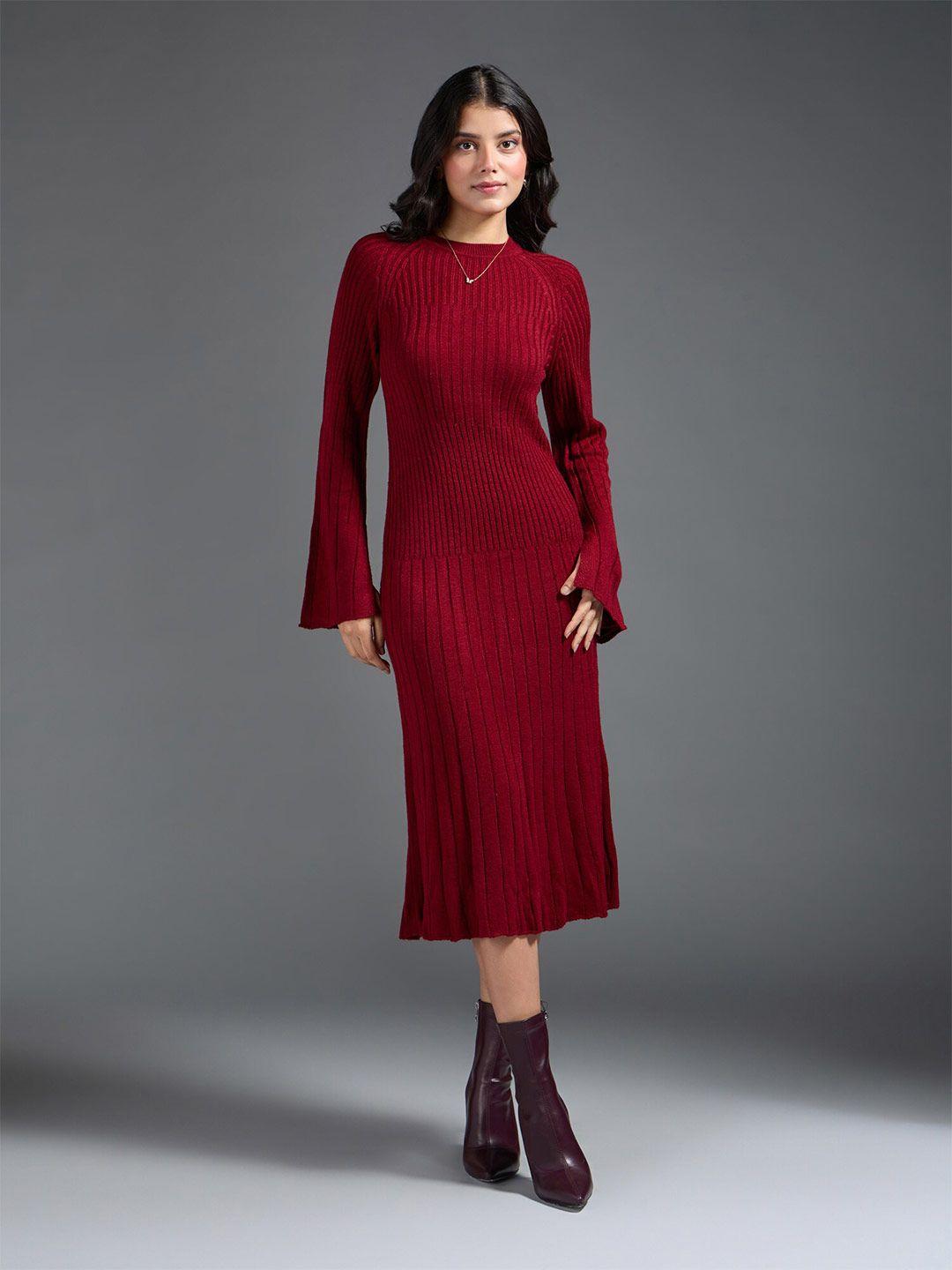 20dresses maroon round neck long sleeves acrylic a-line midi dress