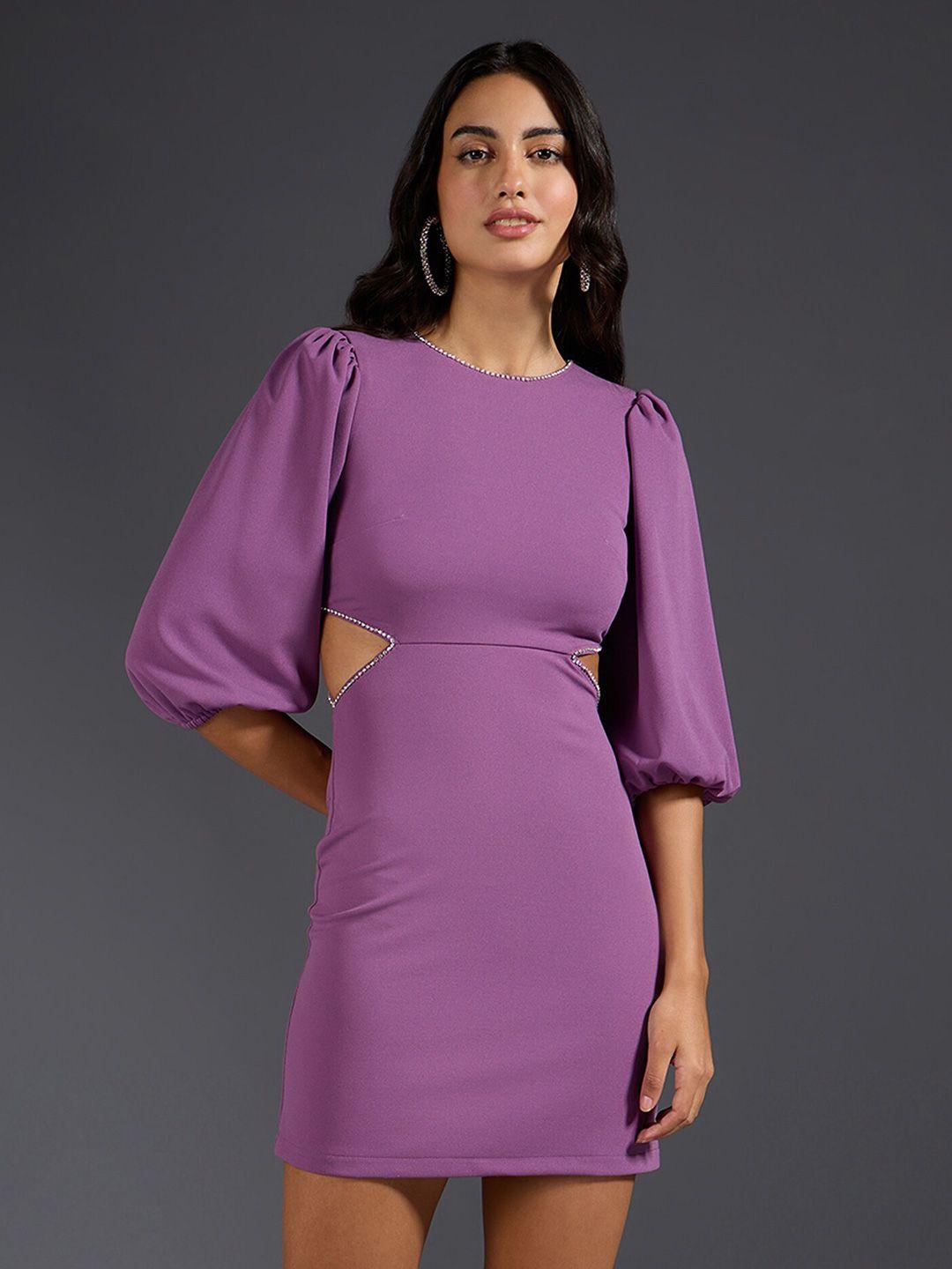 20dresses purple puff sleeves cut-outs sheath mini dress