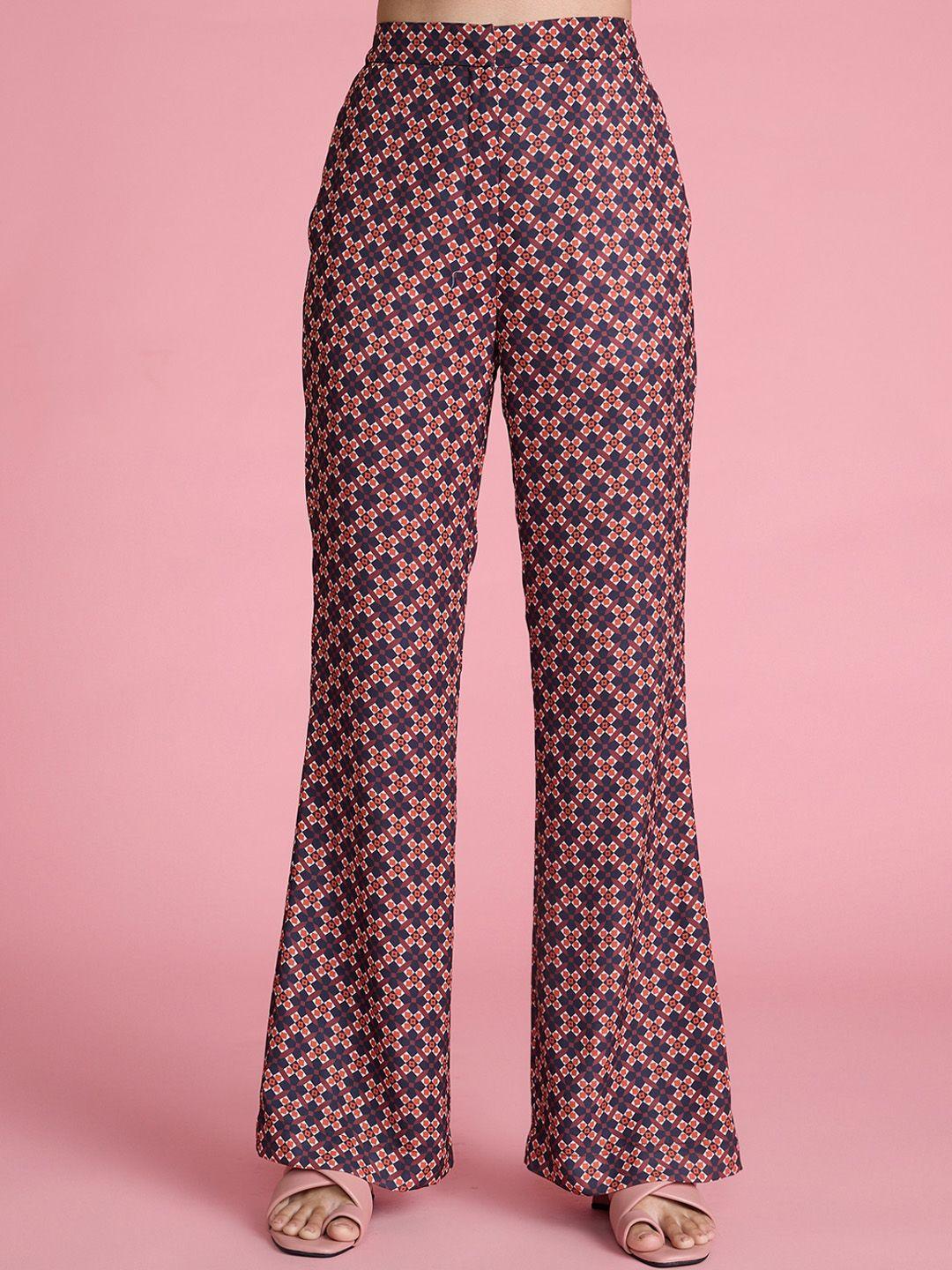 20dresses women black & maroon geometric printed high-rise flared bootcut trousers