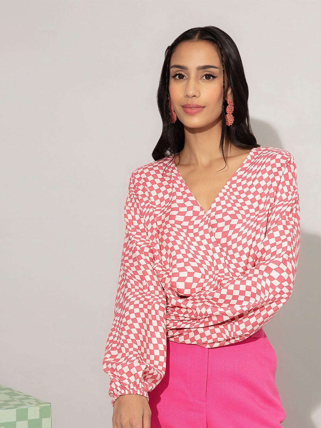 20dresses women pink geometric print bishop sleeves blouson crop top