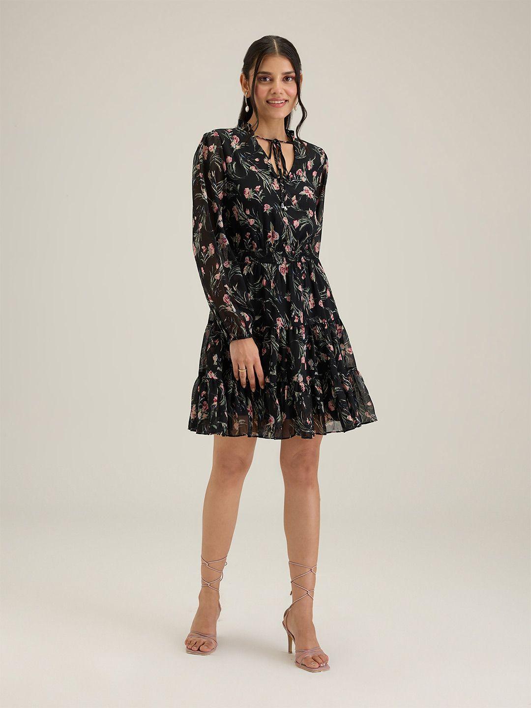 20dresses black floral printed tie-up neck puff sleeves fit & flare dress